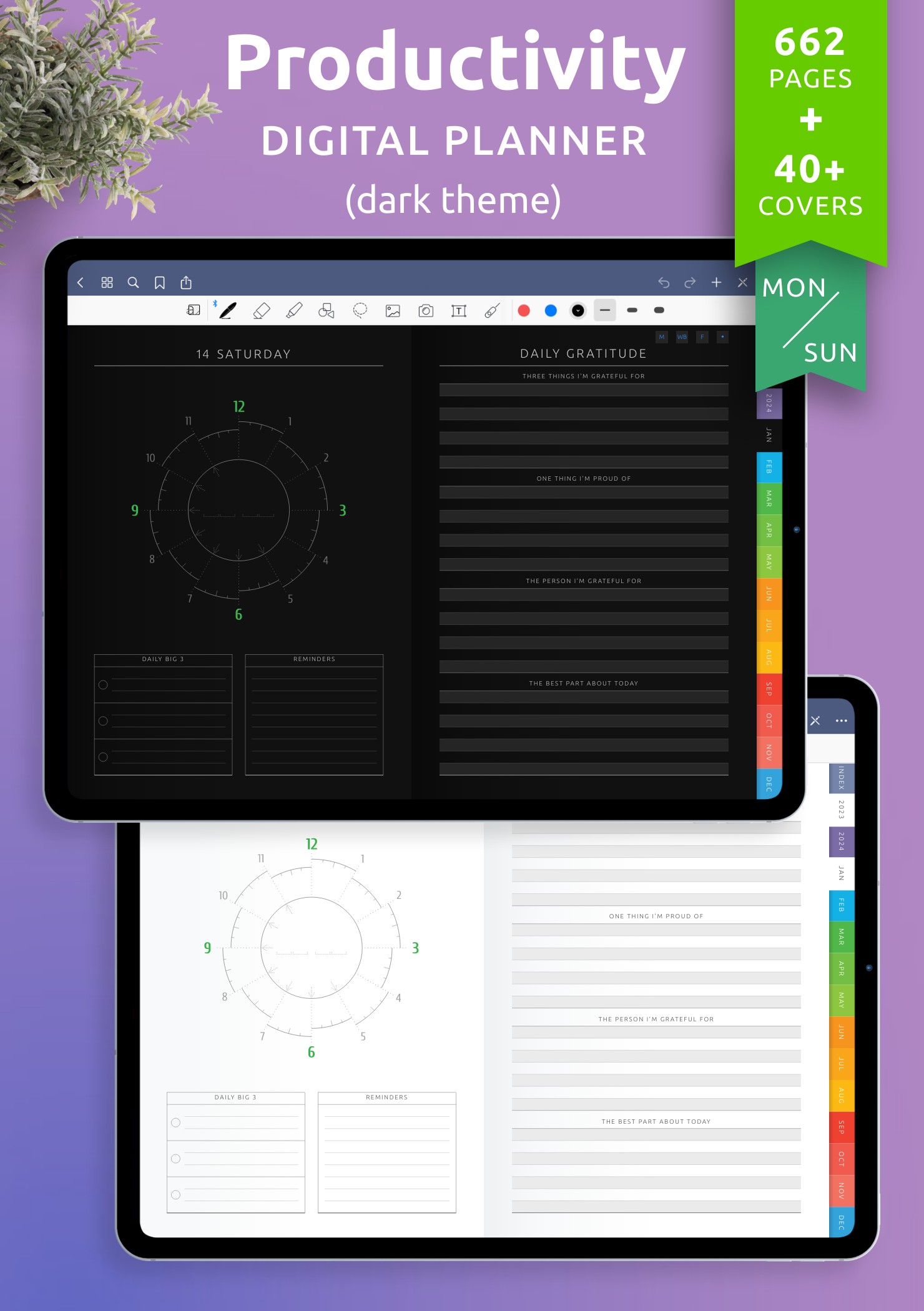 Download Daily Productivity Digital Planner PDF for GoodNotes, iPad (Dark)