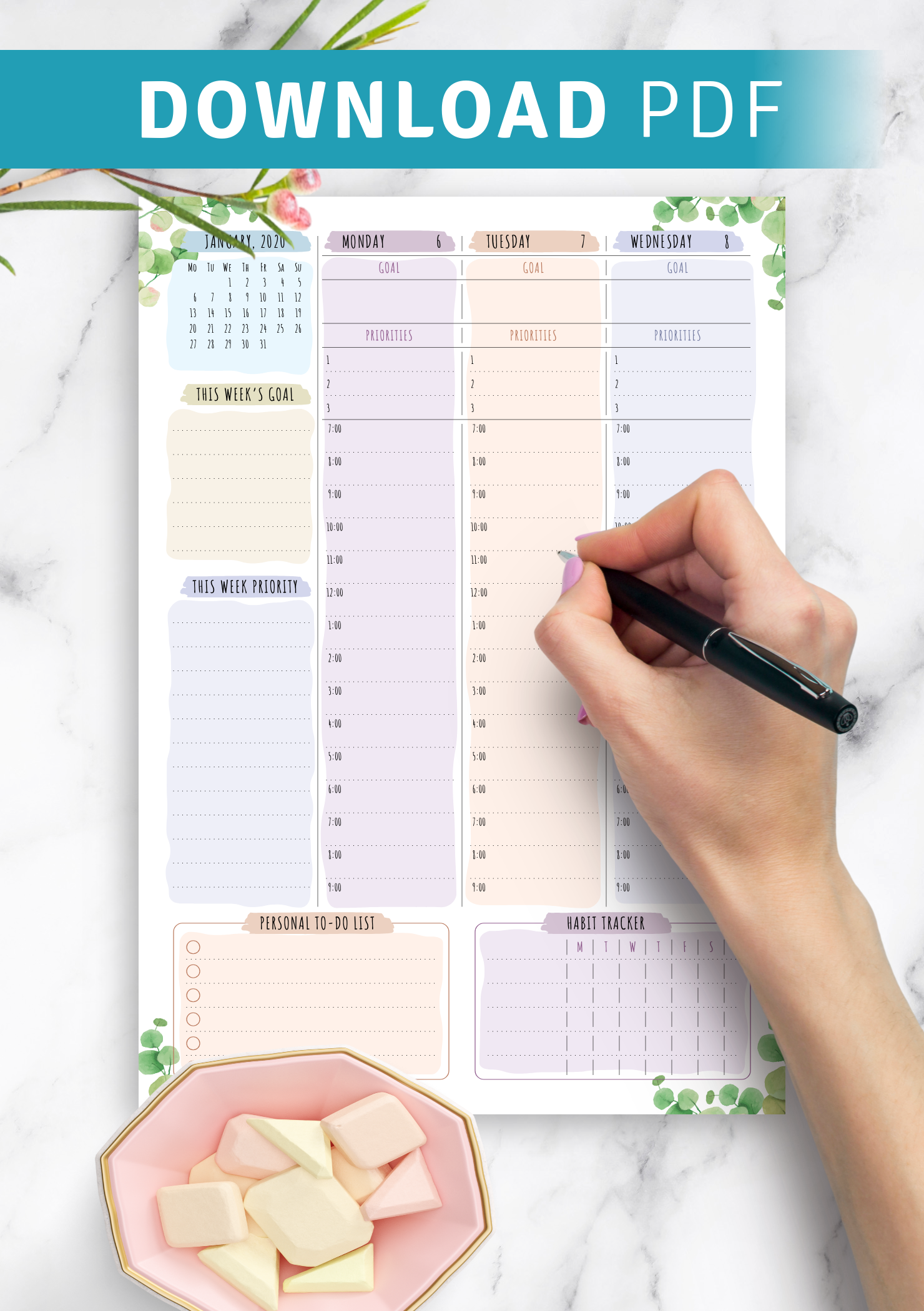 Download Printable Dated Weekly Planner Floral Style PDF