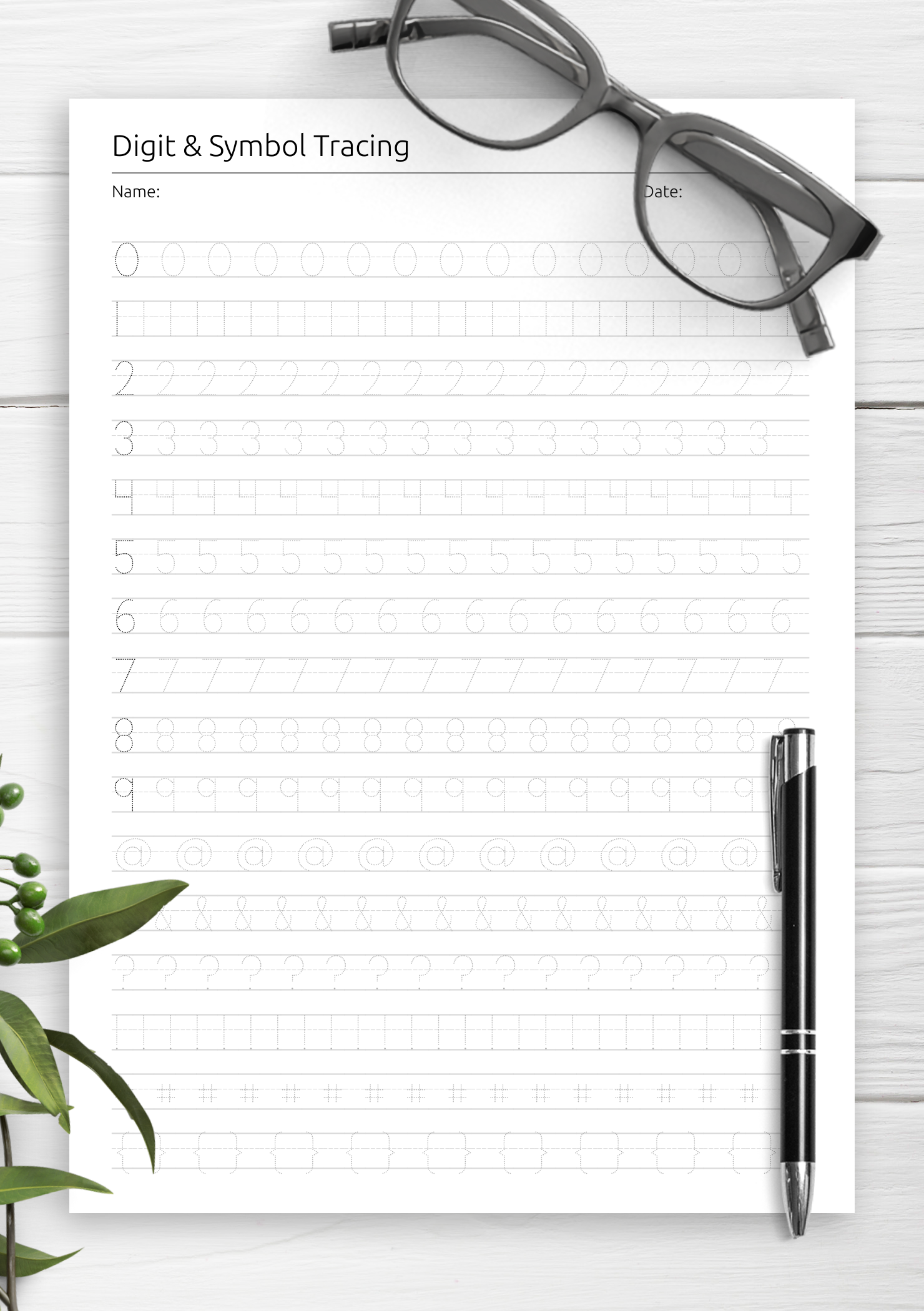 Download Digit & Symbol Tracing Practice Printable PDF