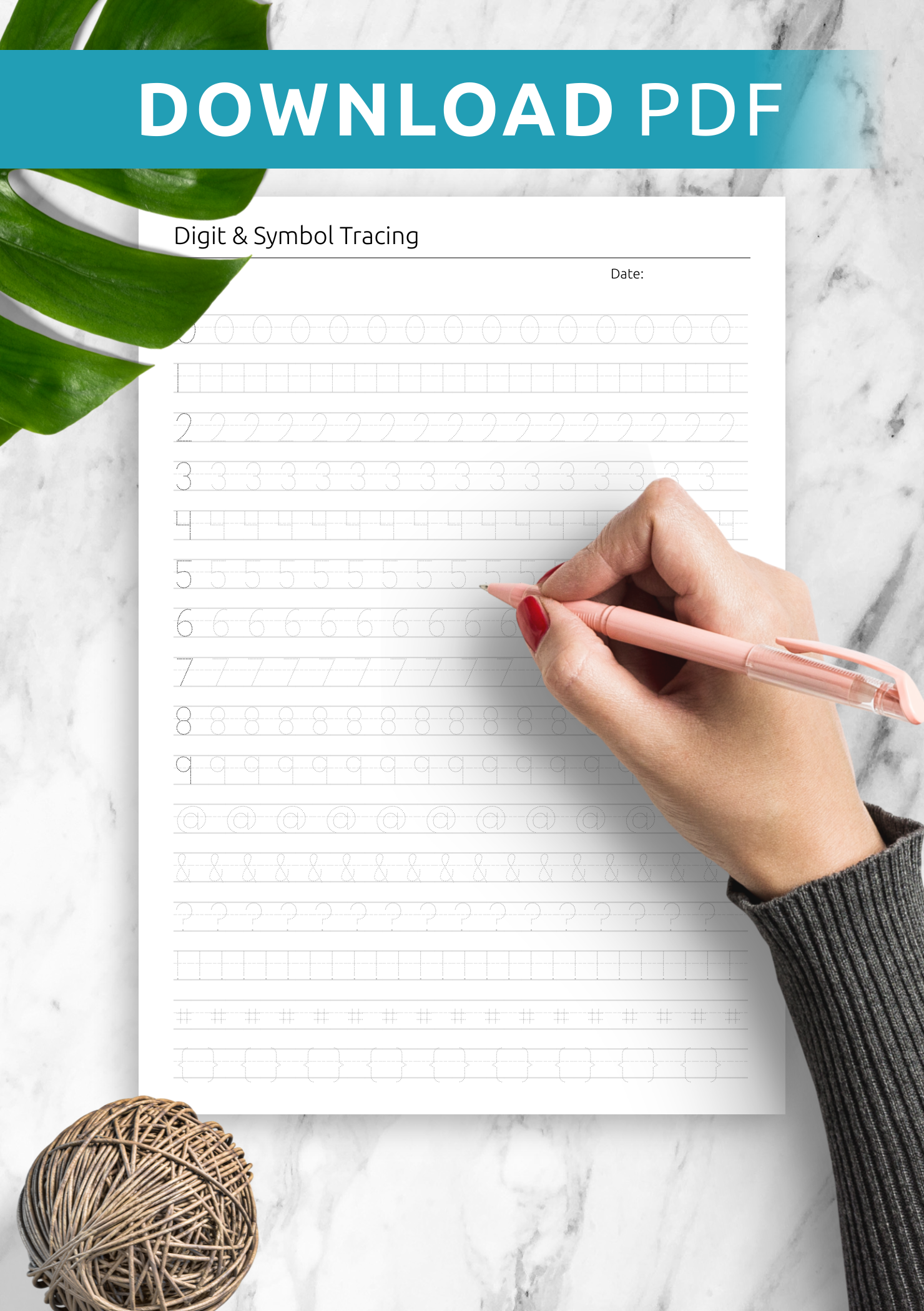 Download Digit & Symbol Tracing Practice Printable PDF