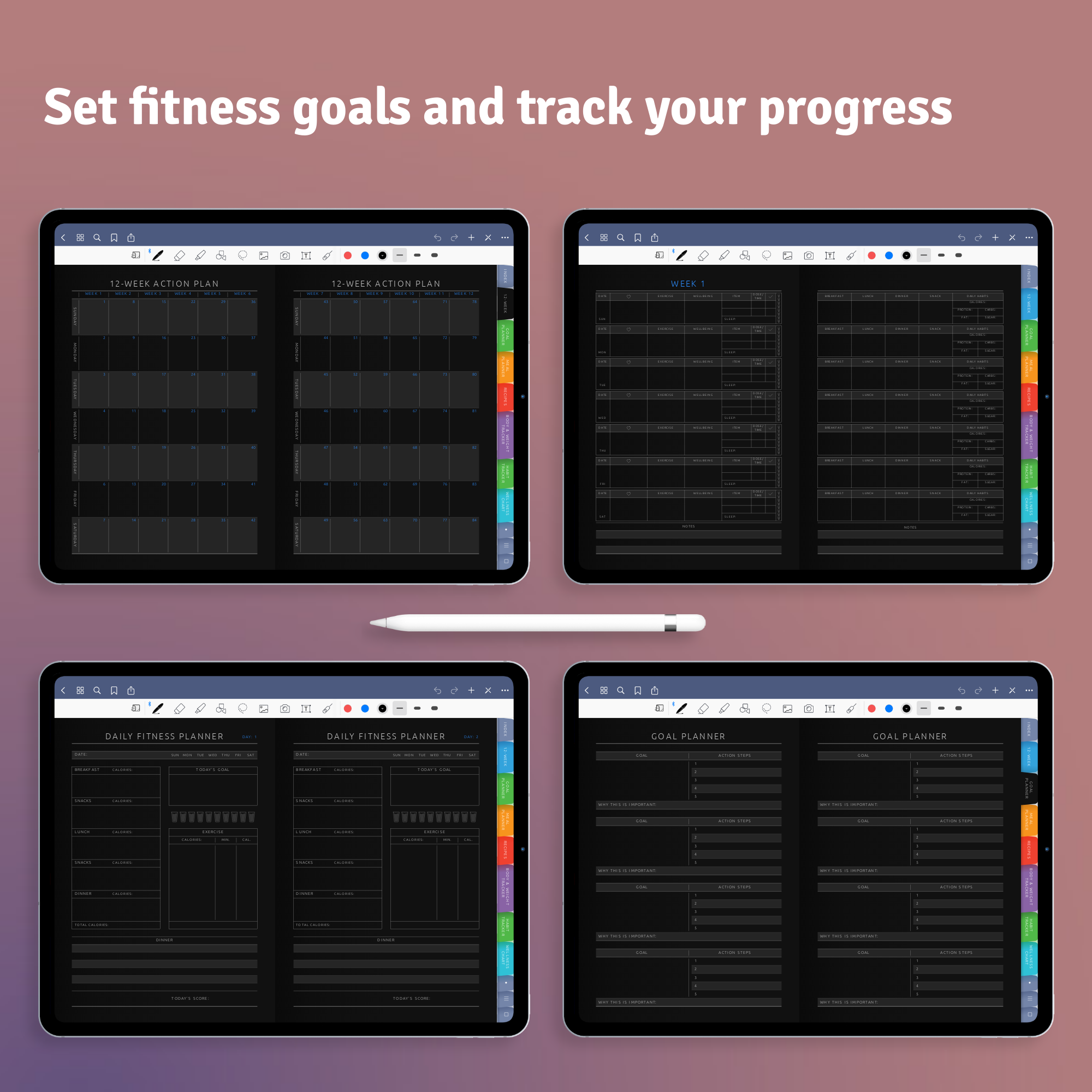 Download Digital Weight Loss Planner PDF for GoodNotes, iPad (Dark)
