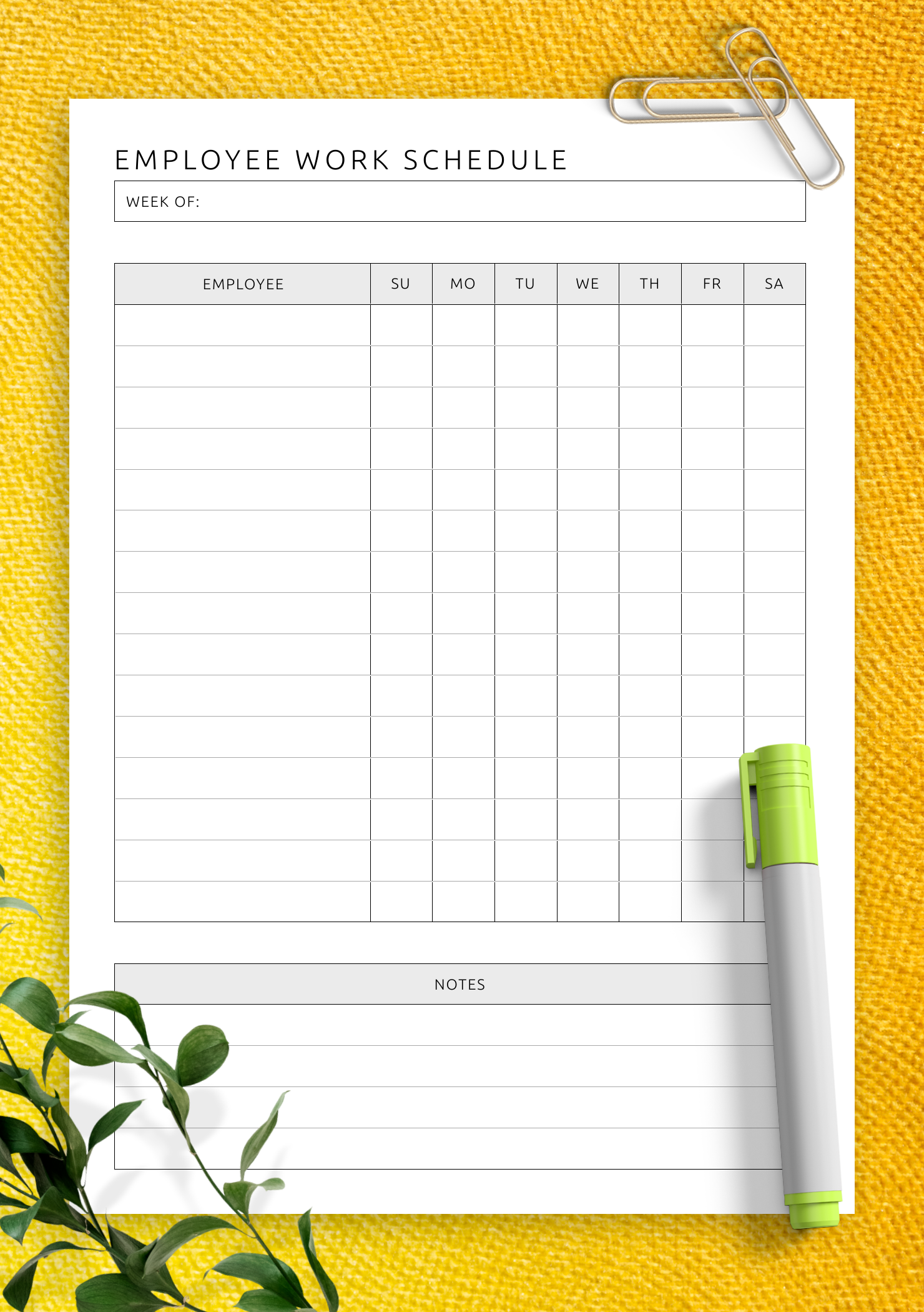 Download Printable Employee Work Schedule Template PDF