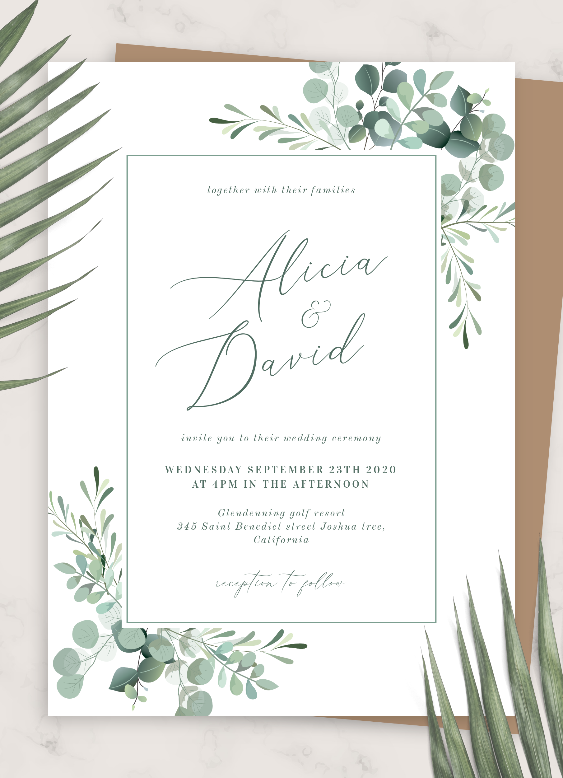 Download Printable Eucalyptus Boho Wedding Invitation PDF