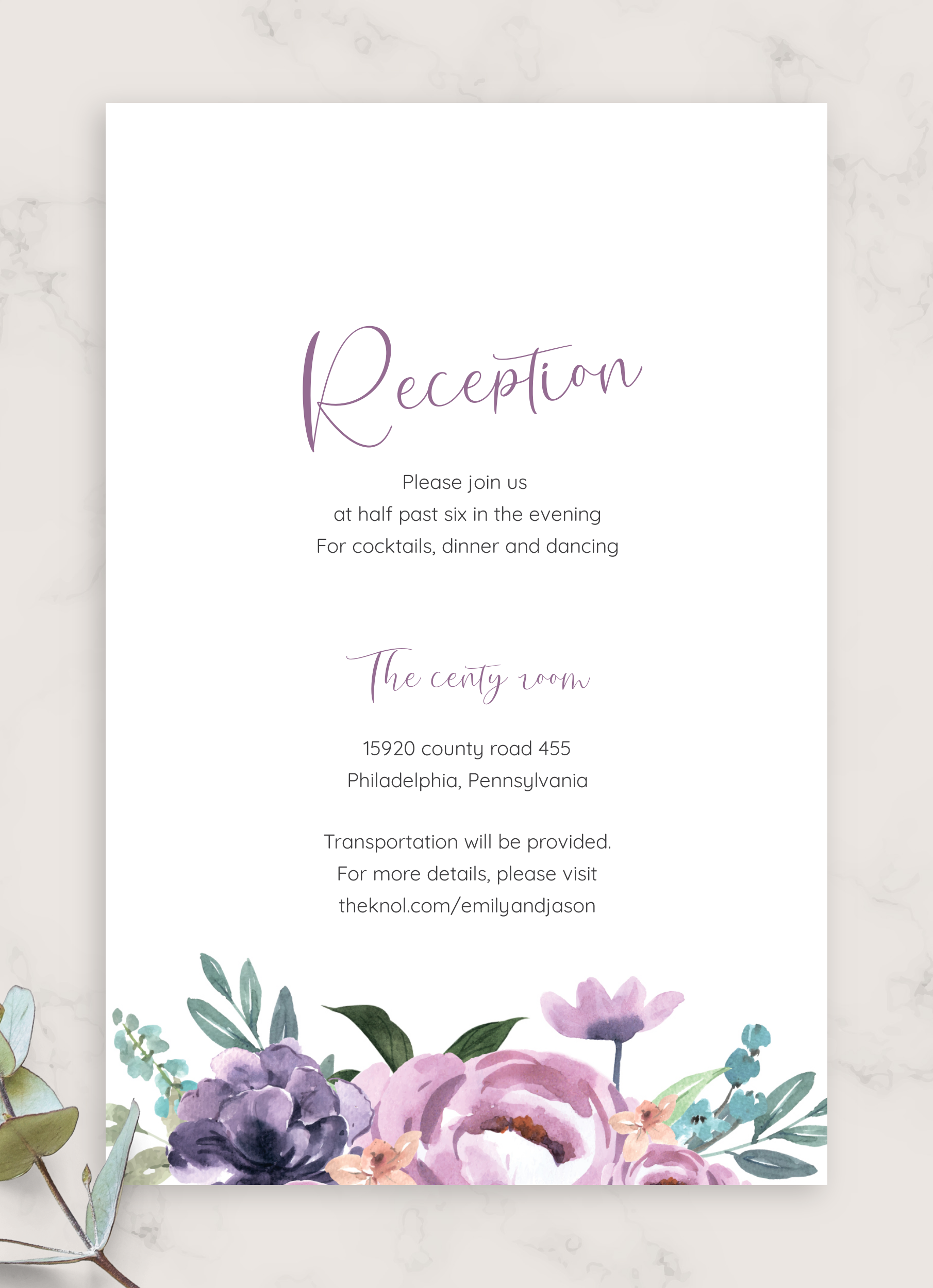 Download Printable Exotic Flowers Purple Wedding Reception Card PDF