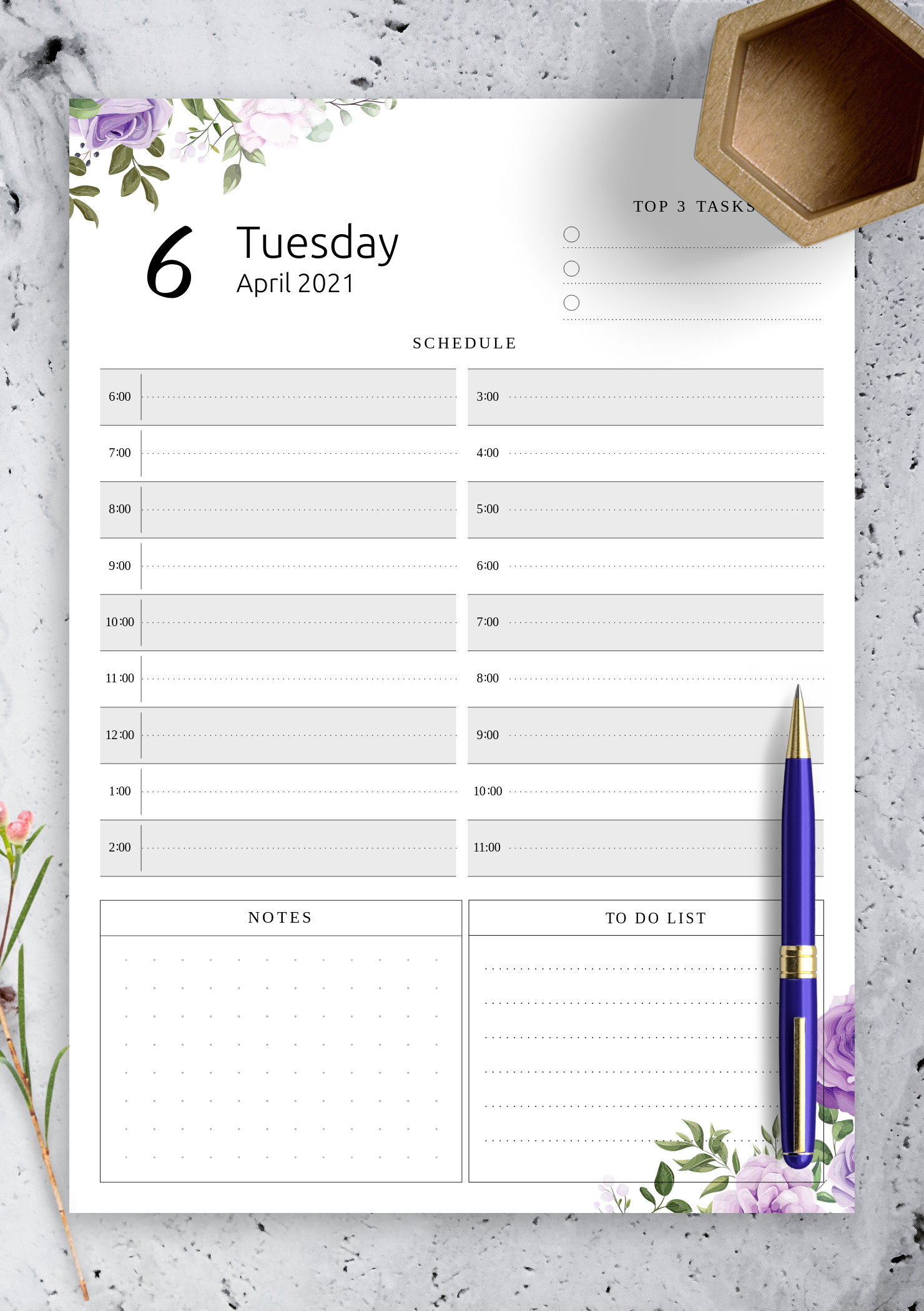 Download Printable Floral Day Planner Template PDF