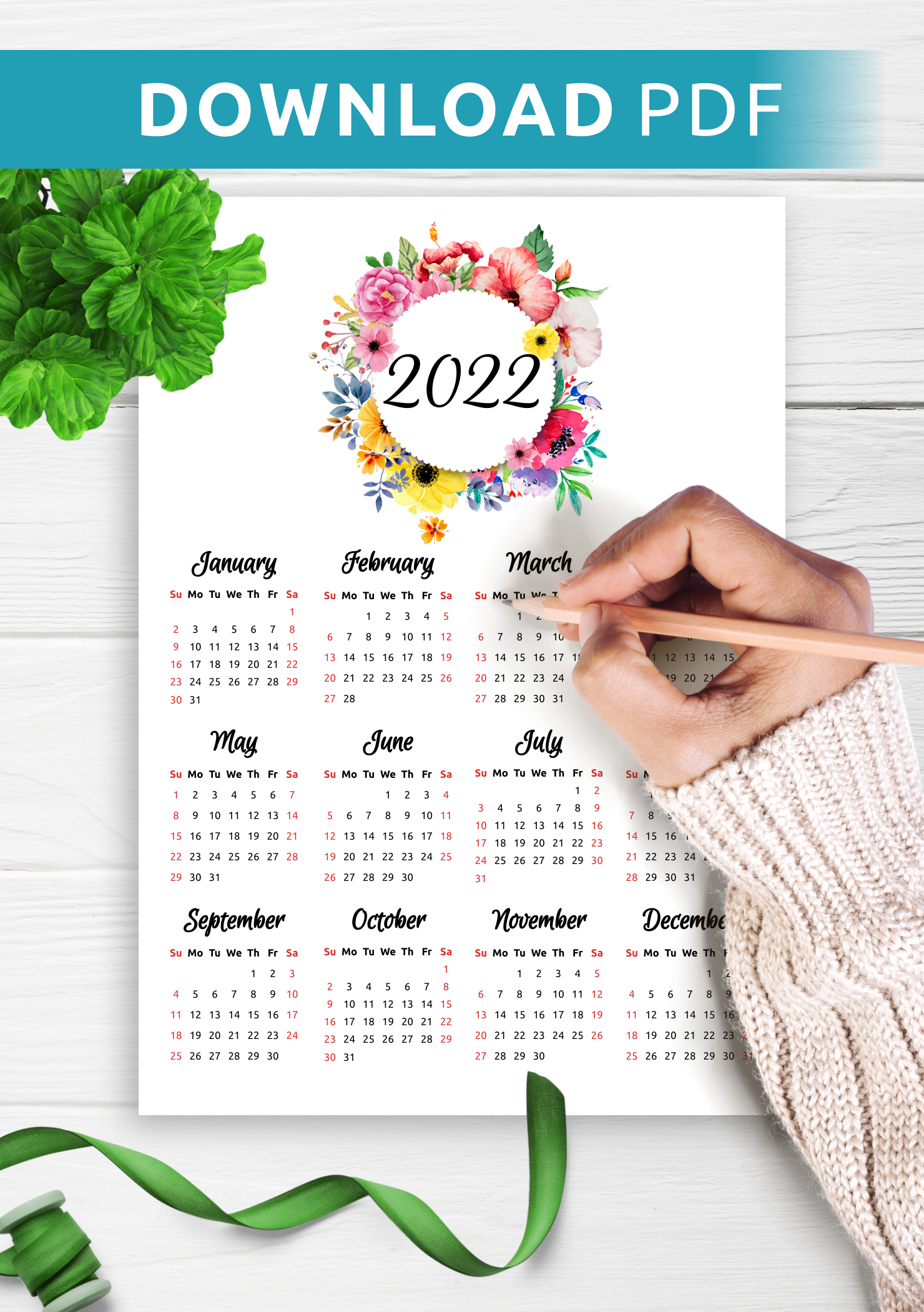 Download Printable Floral yearly calendar PDF