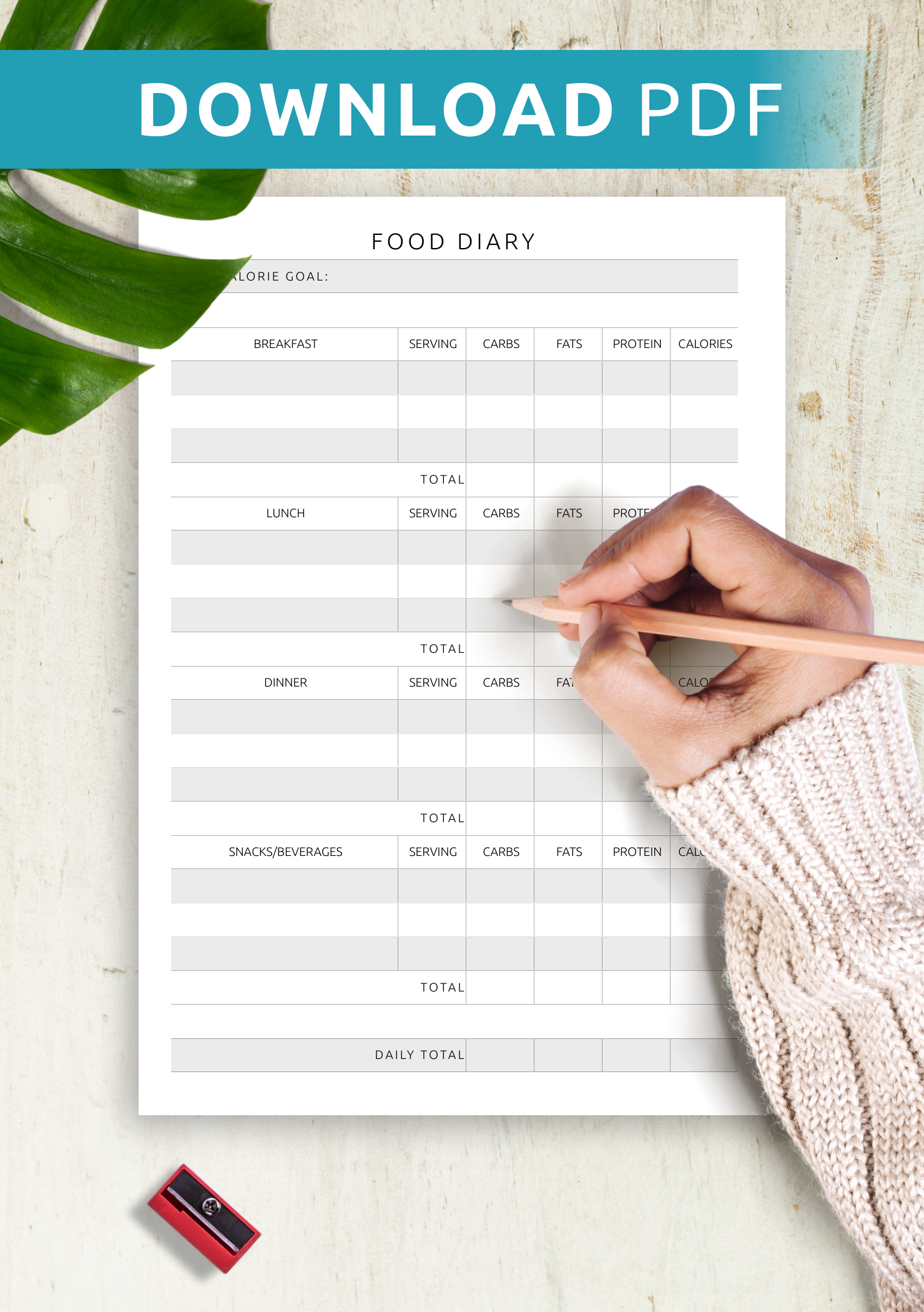 Download Printable Food Diary Template PDF
