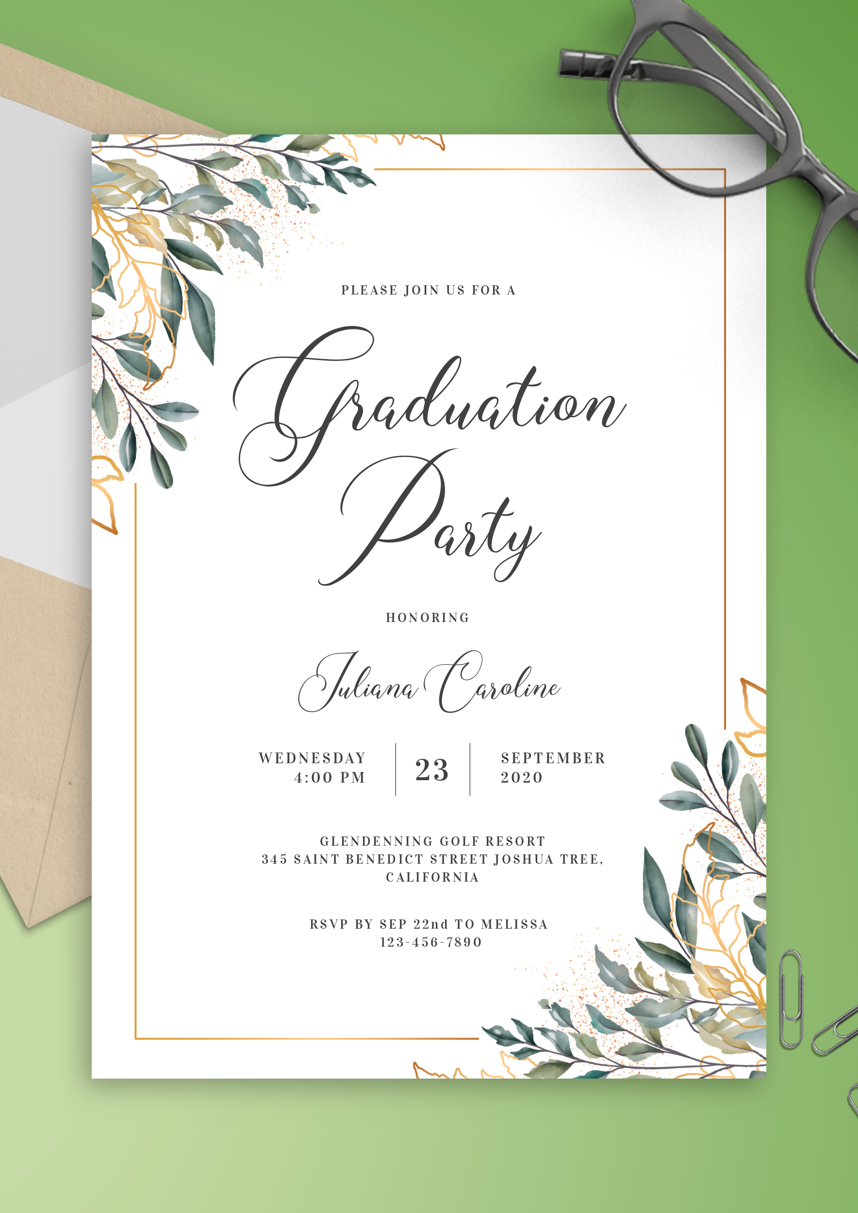 Download Printable Golden Leaves Graduation Invitation PDF