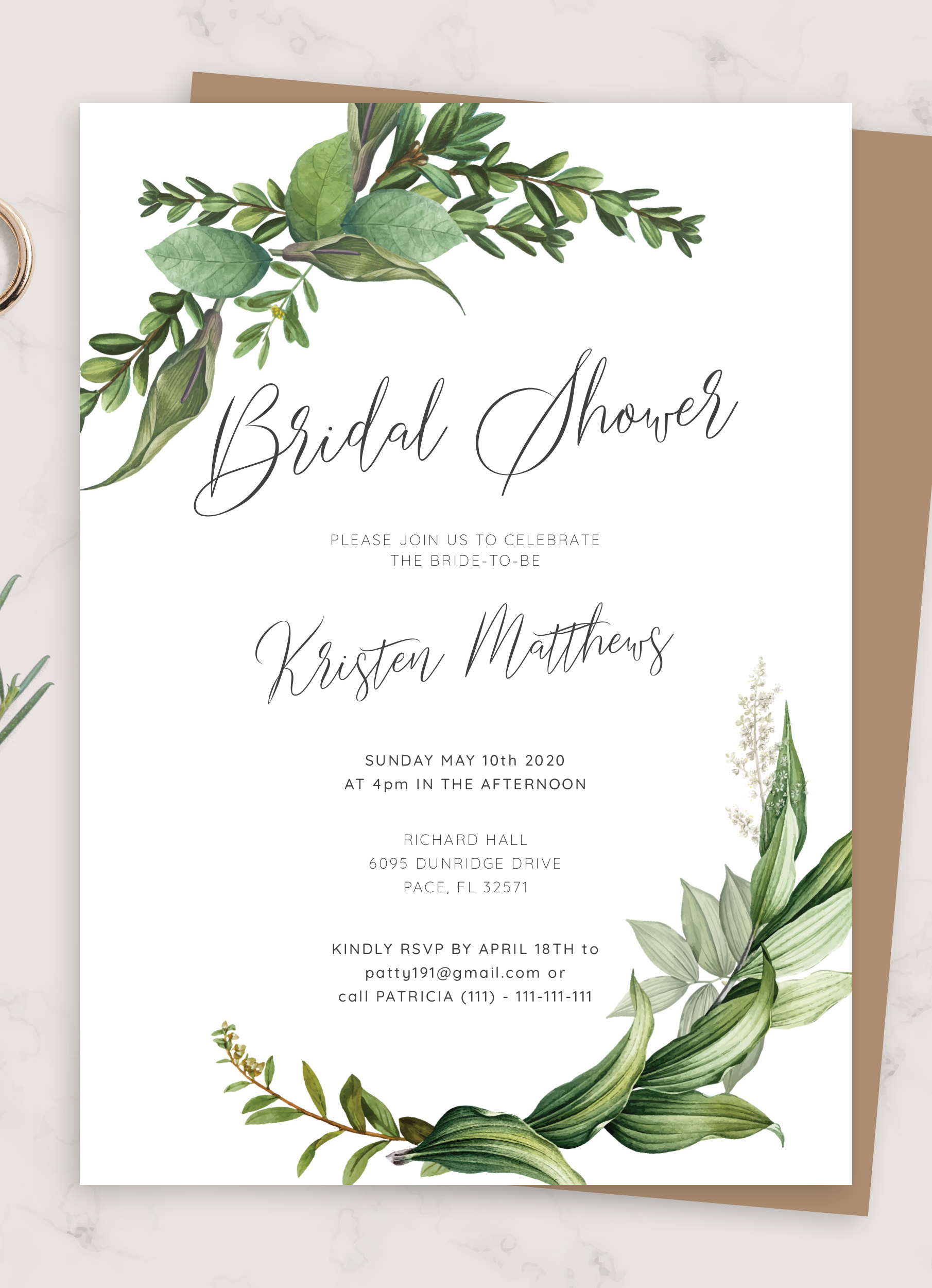 Download Printable Green Floral Bridal Shower Invitation PDF