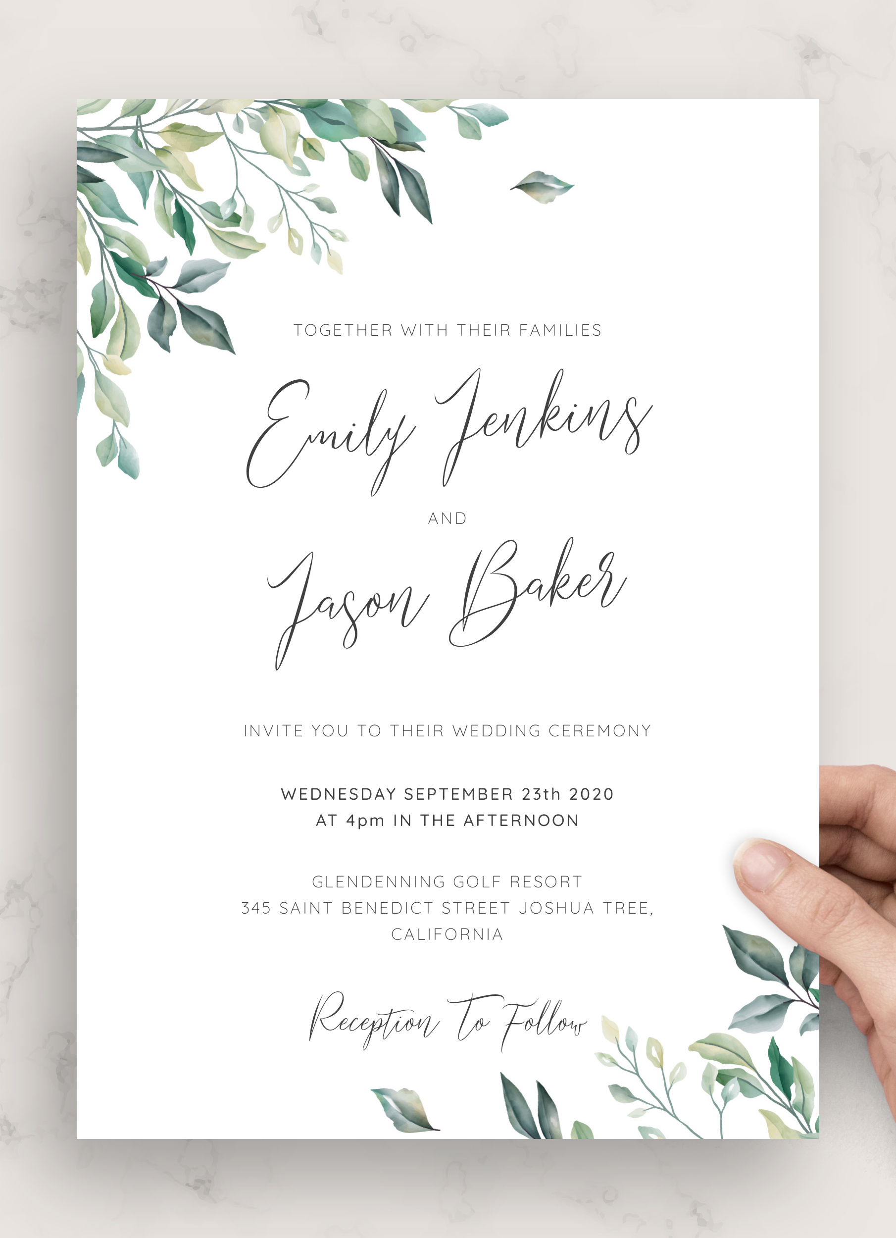 Download Printable Green Leaves Elegant Wedding Invitation PDF