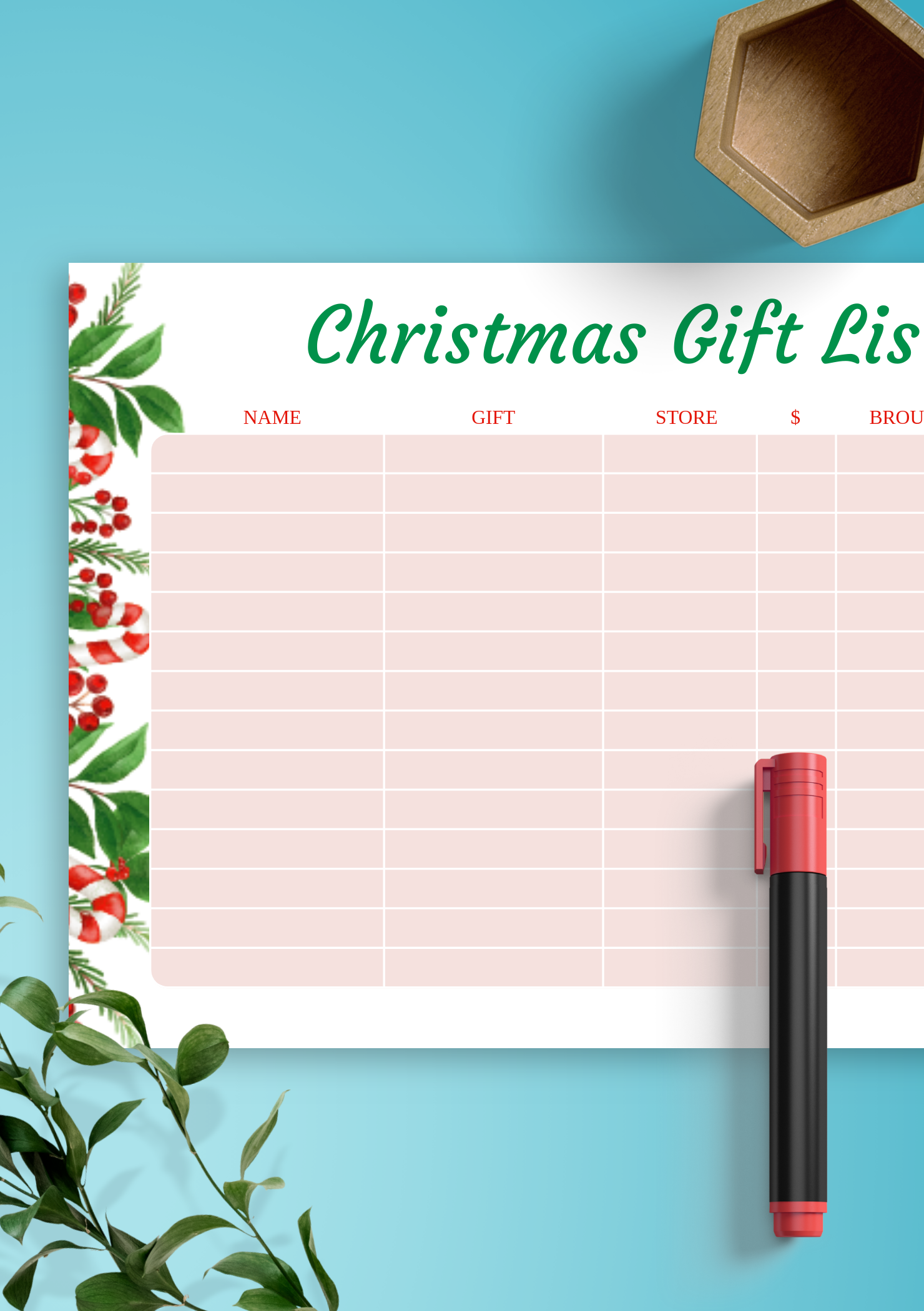 Download Printable Horizontal Christmas Gift List - Classic Style PDF