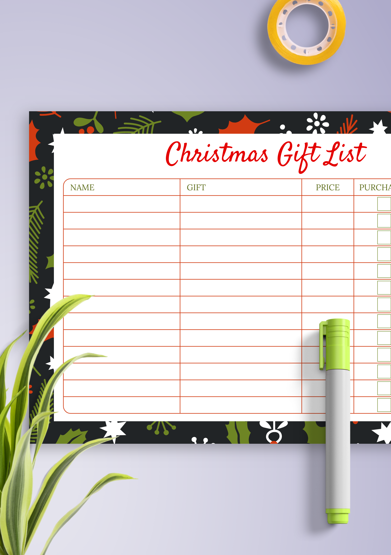 Download Printable Horizontal Christmas Gift List - Dark Theme PDF