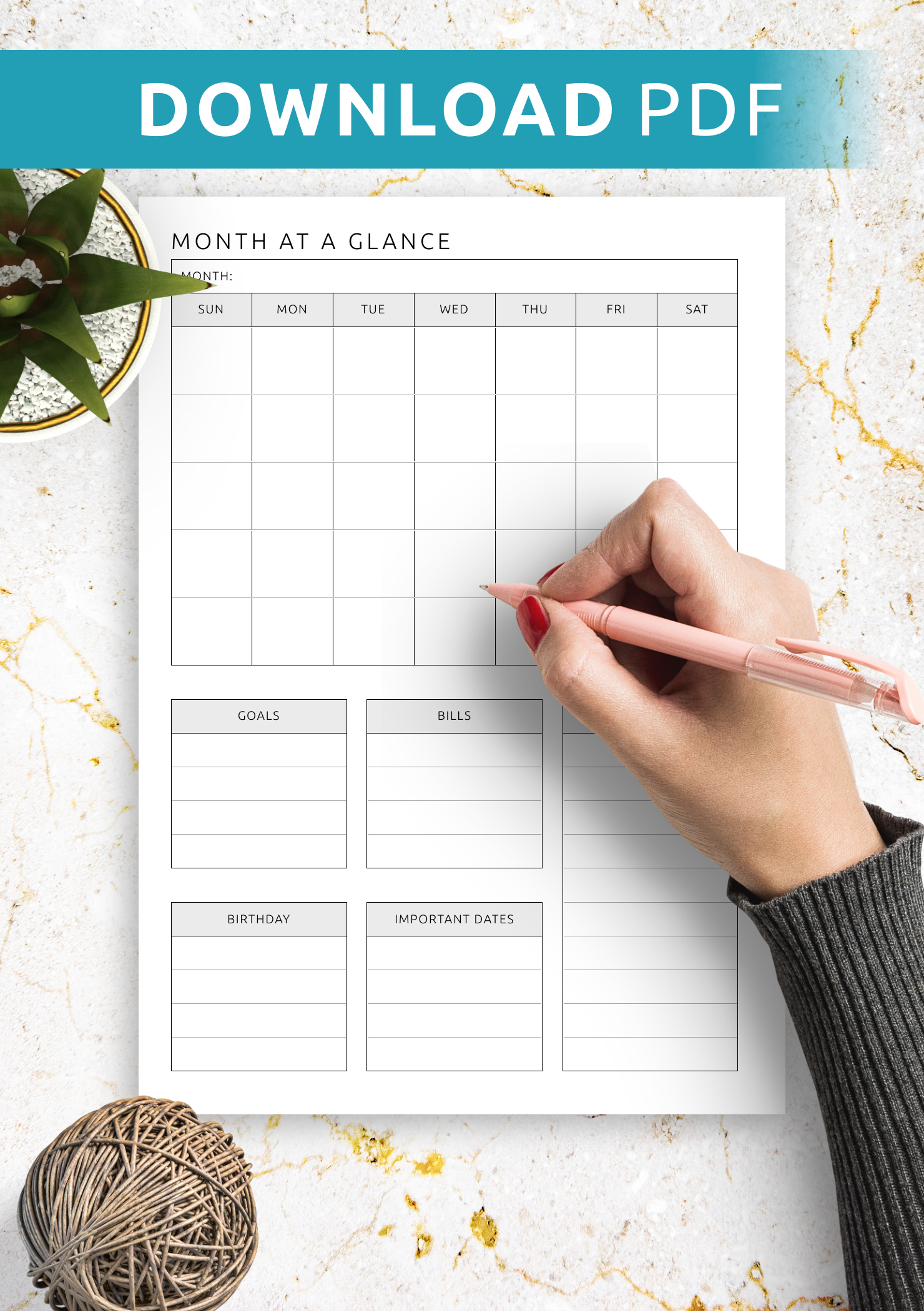 Month at a Glance PDF Template for Simple Monthly Planning
