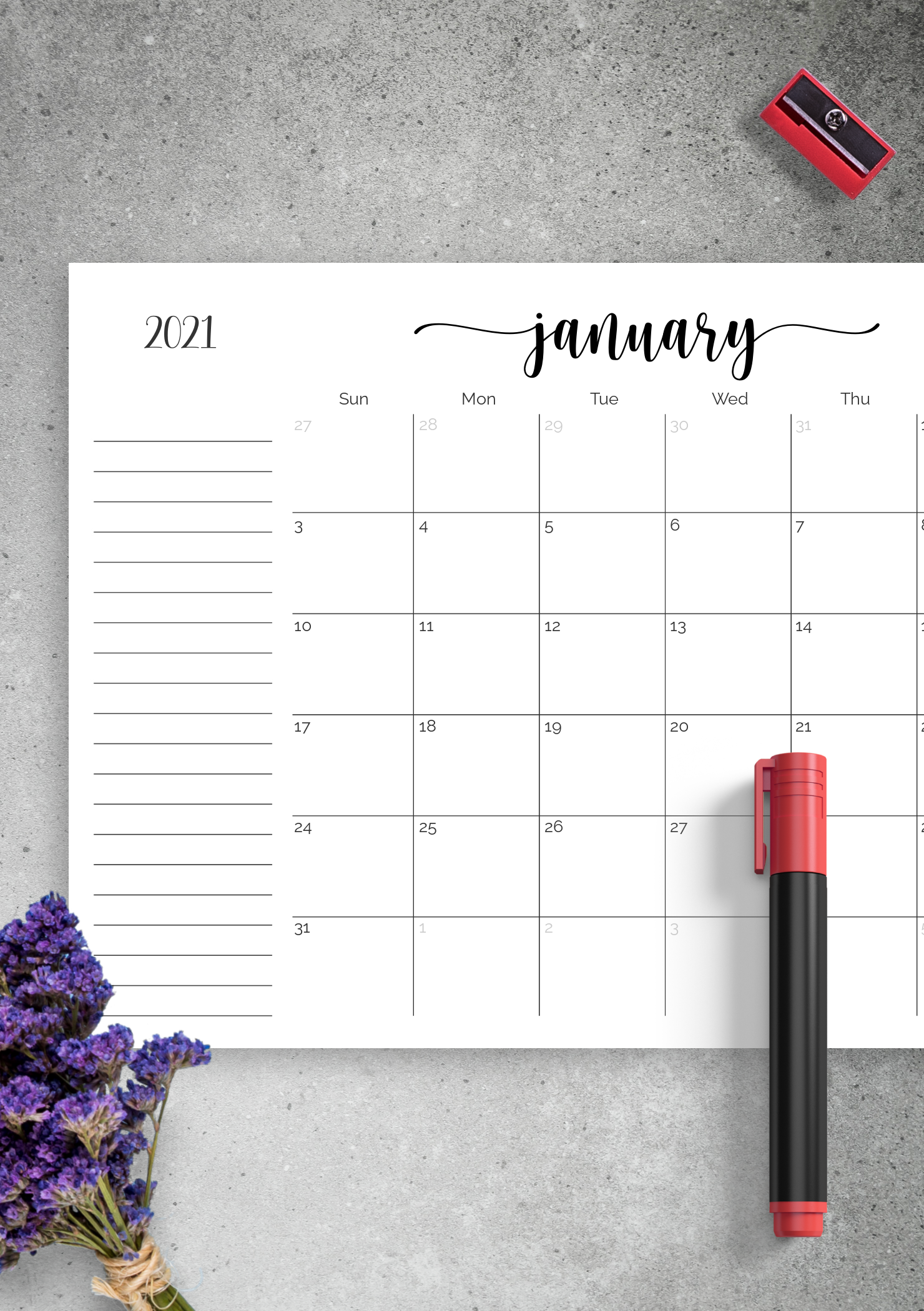 Download Printable Monthly Calendar with Notes Section PDF
