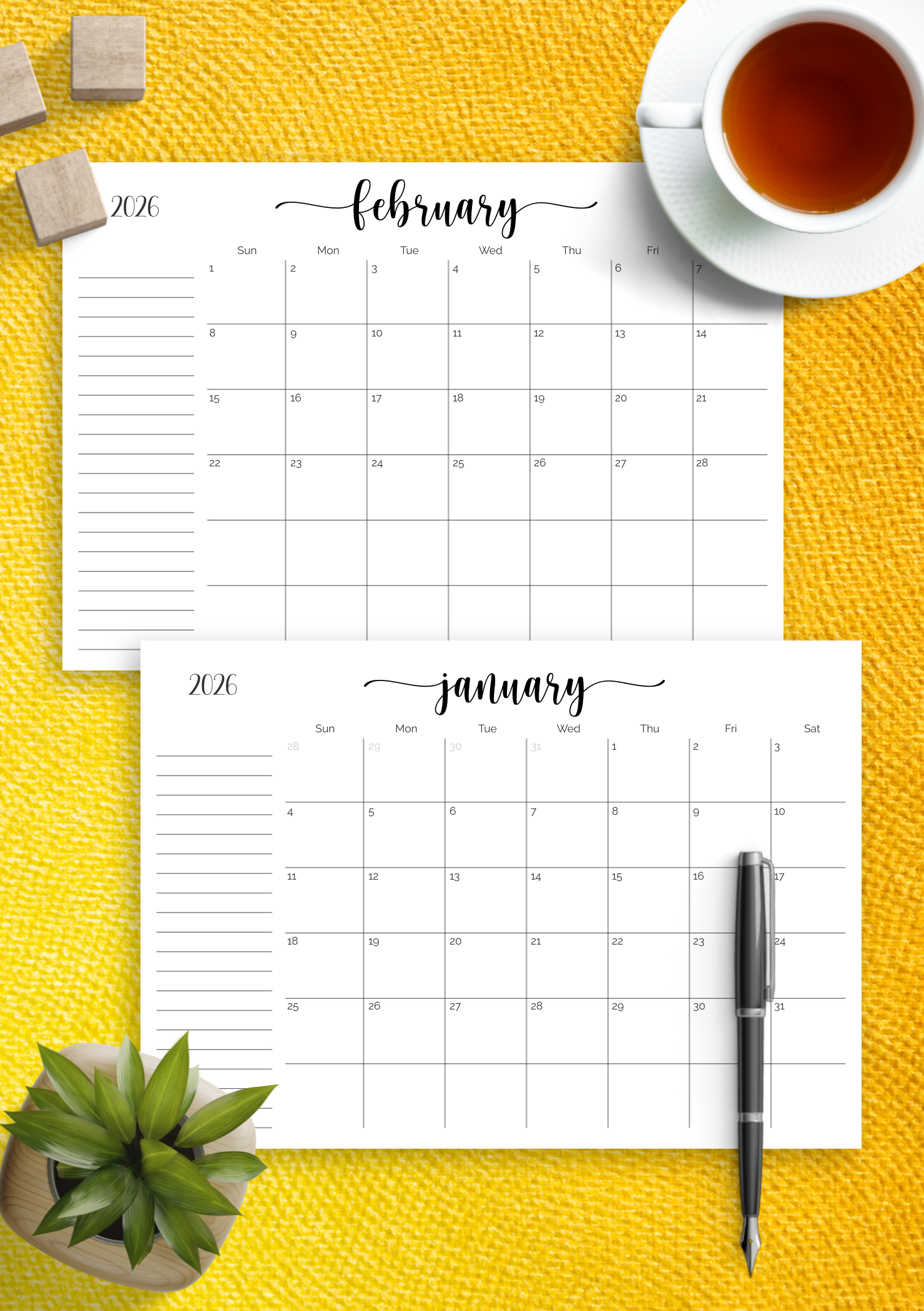 Download Printable Monthly Calendar with Notes Section PDF