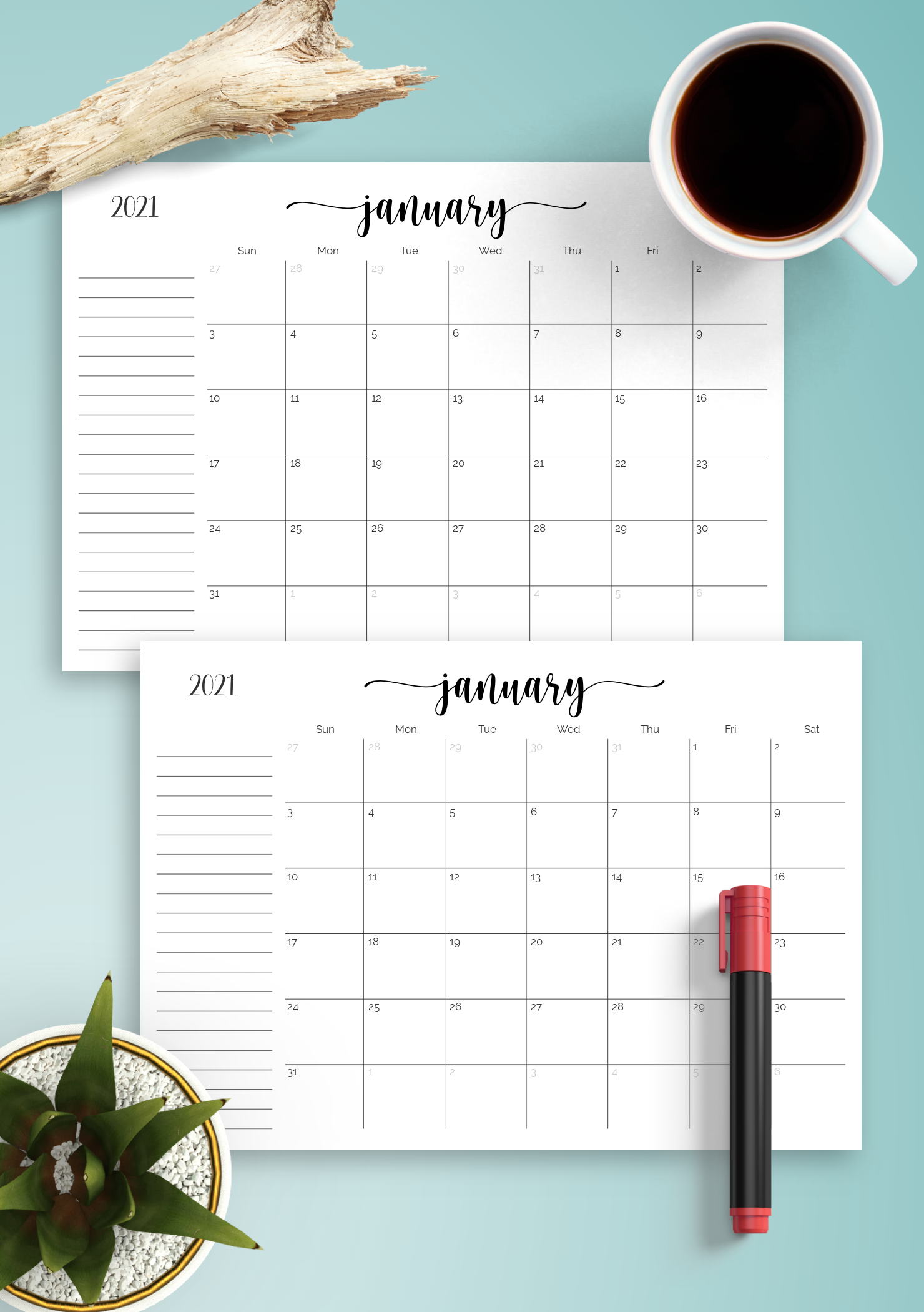 Download Printable Monthly Calendar with Notes Section PDF