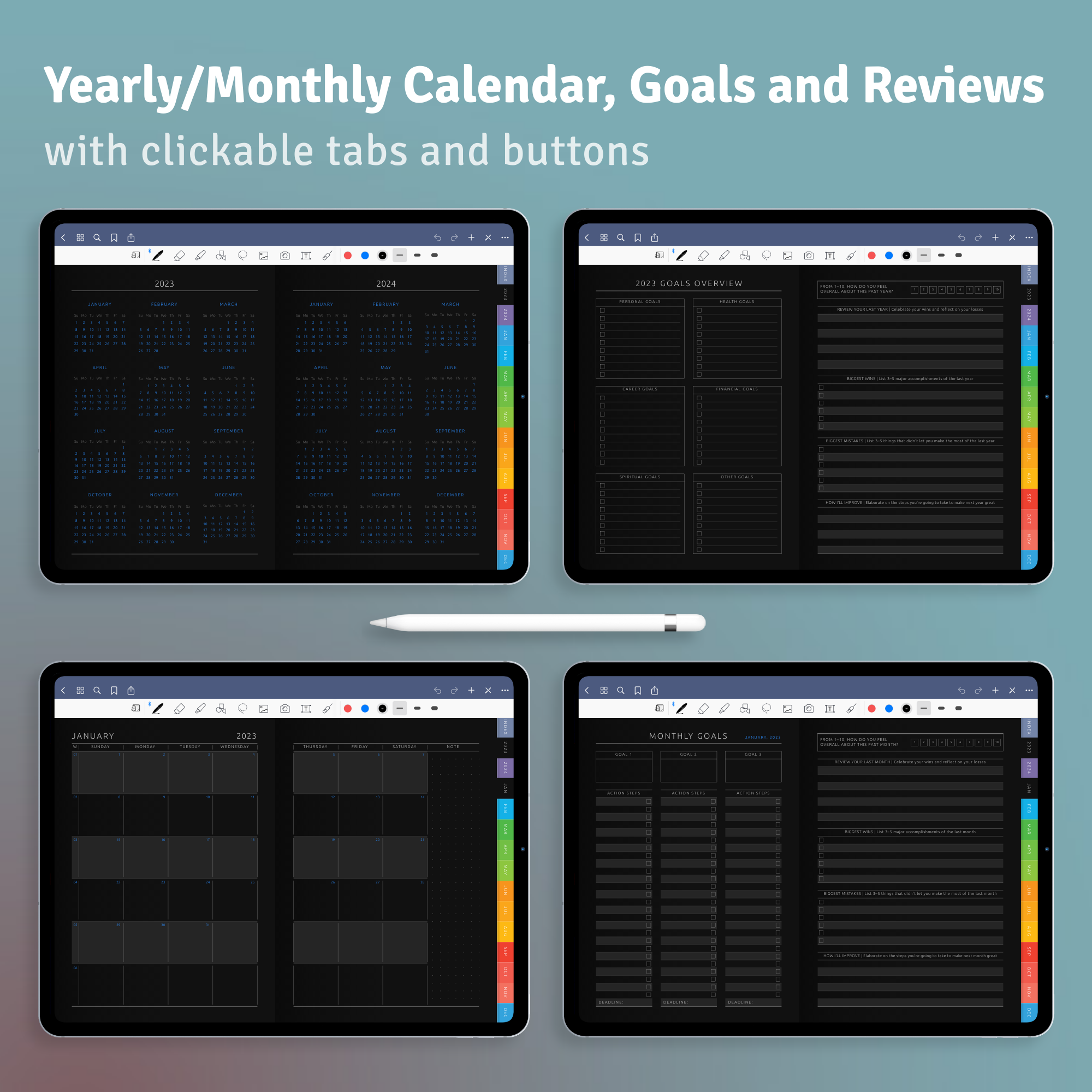 Download Monthly Digital Planner PDF for GoodNotes, iPad (Dark)