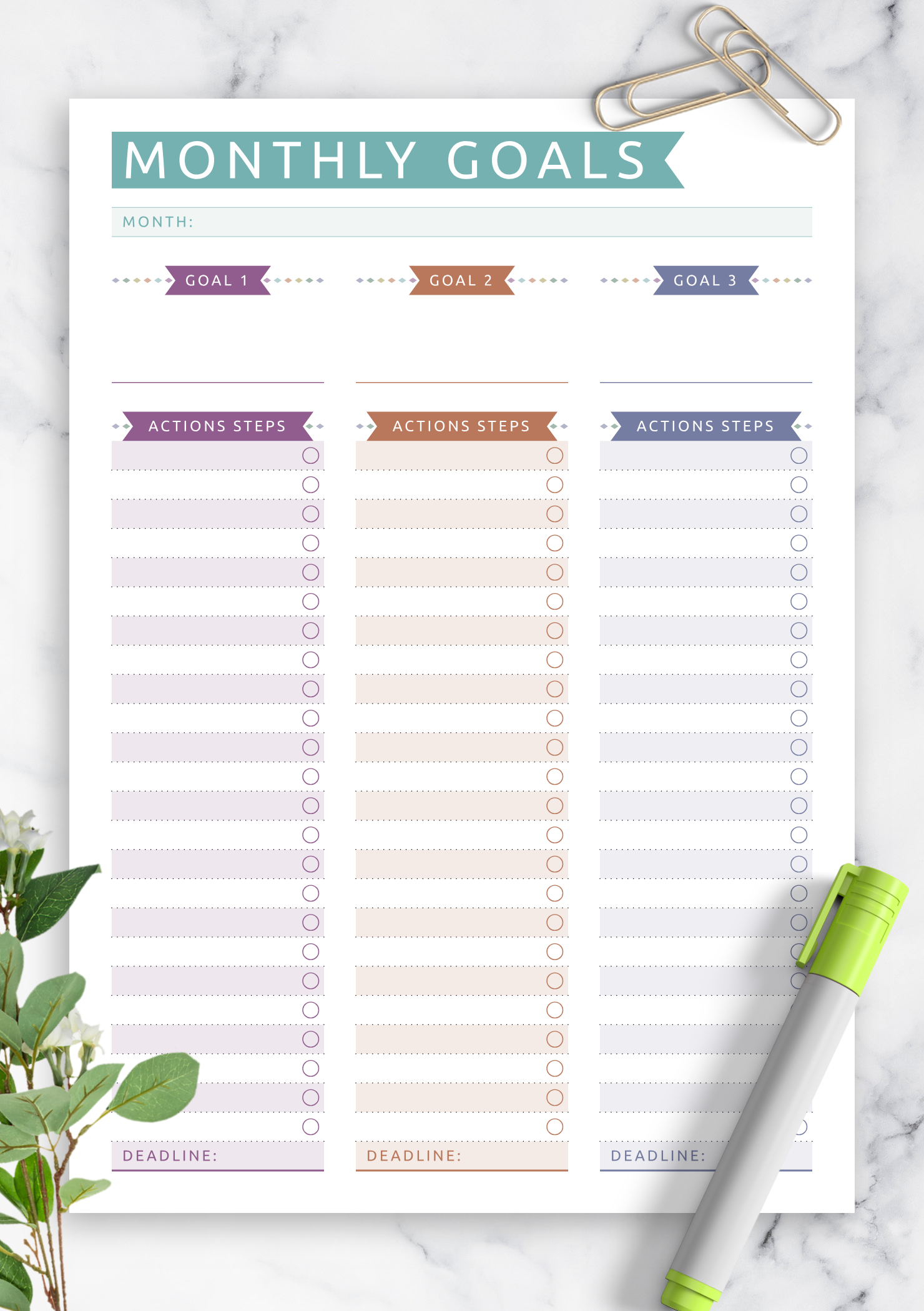 Download Printable Monthly Goals with Action Steps - Casual Style PDF