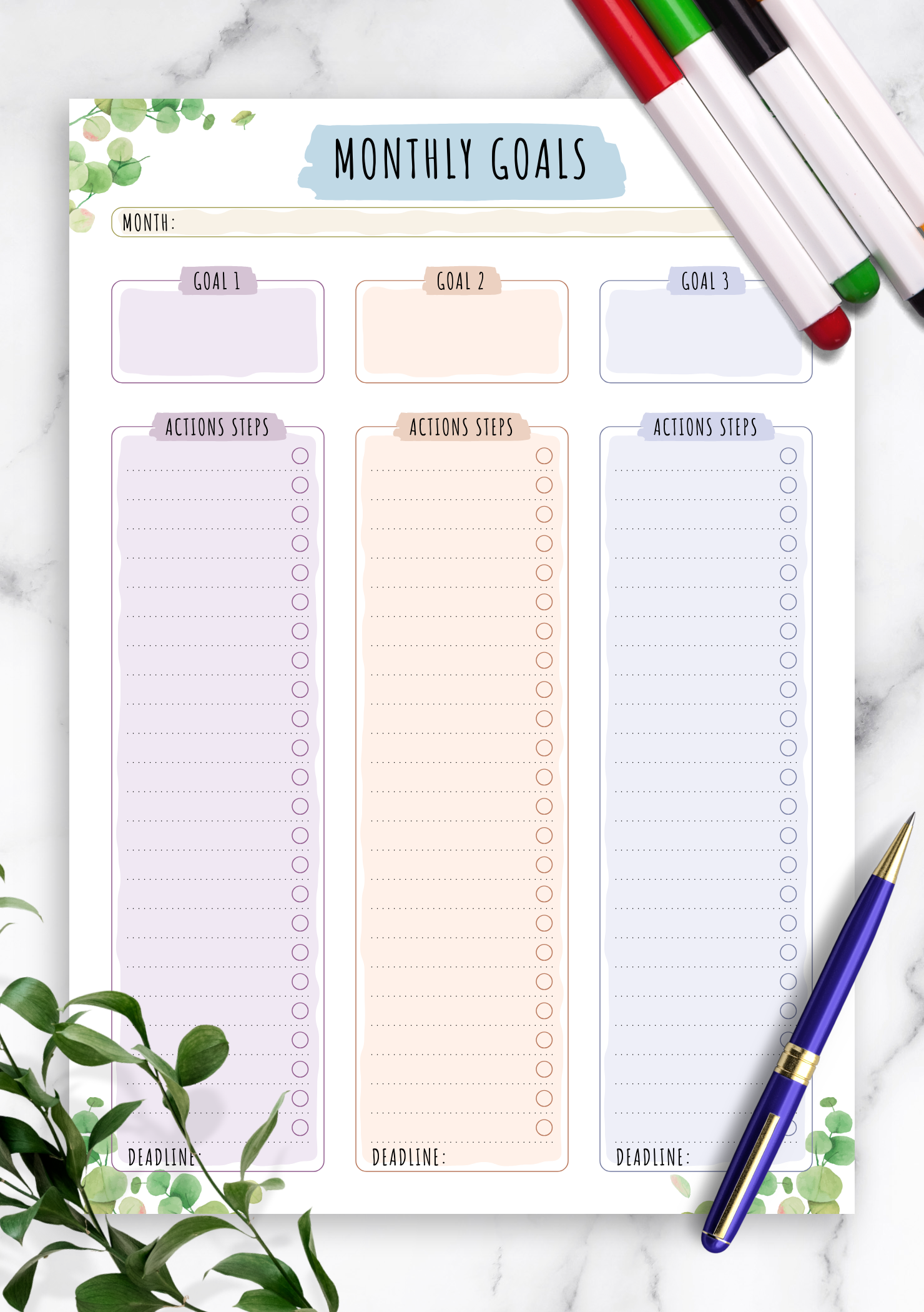 Download Printable Monthly Goals with Action Steps - Floral Style PDF