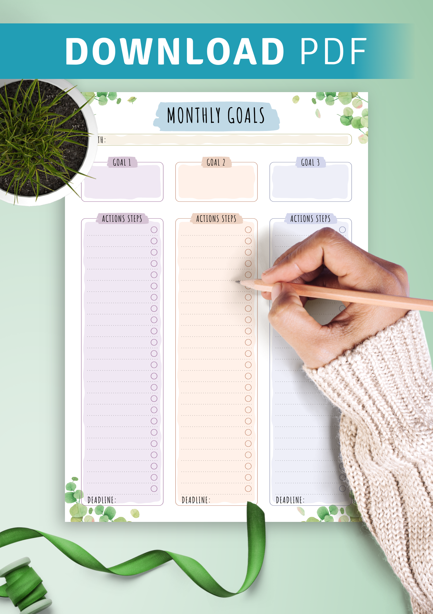 Download Printable Monthly Goals With Action Steps Floral Style Pdf 7770