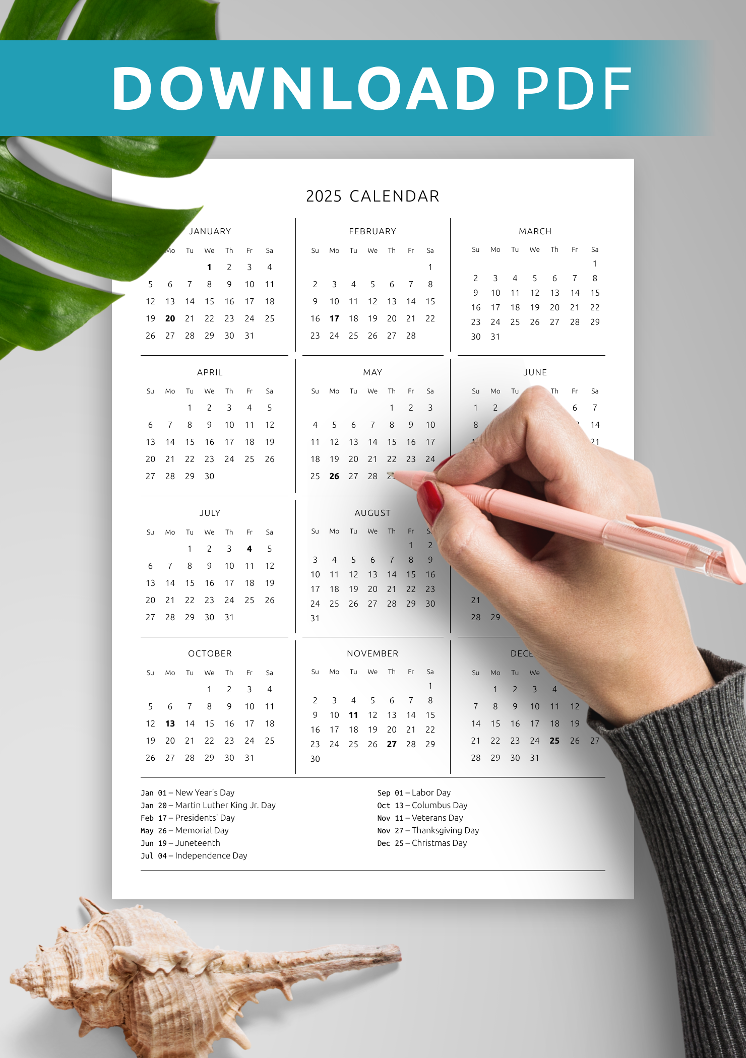 Download Printable Annual Calendar with Holidays PDF