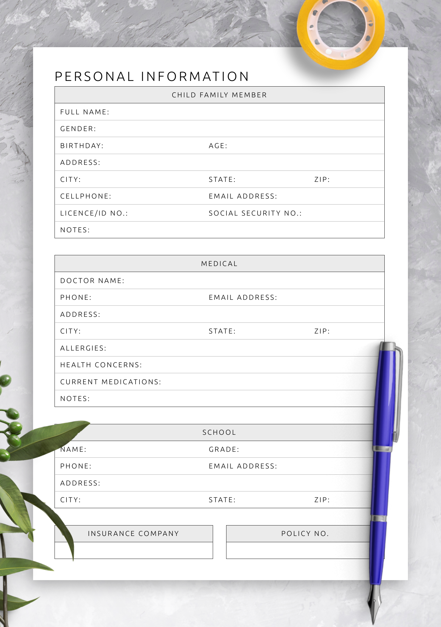 download-printable-personal-information-for-child-template-pdf