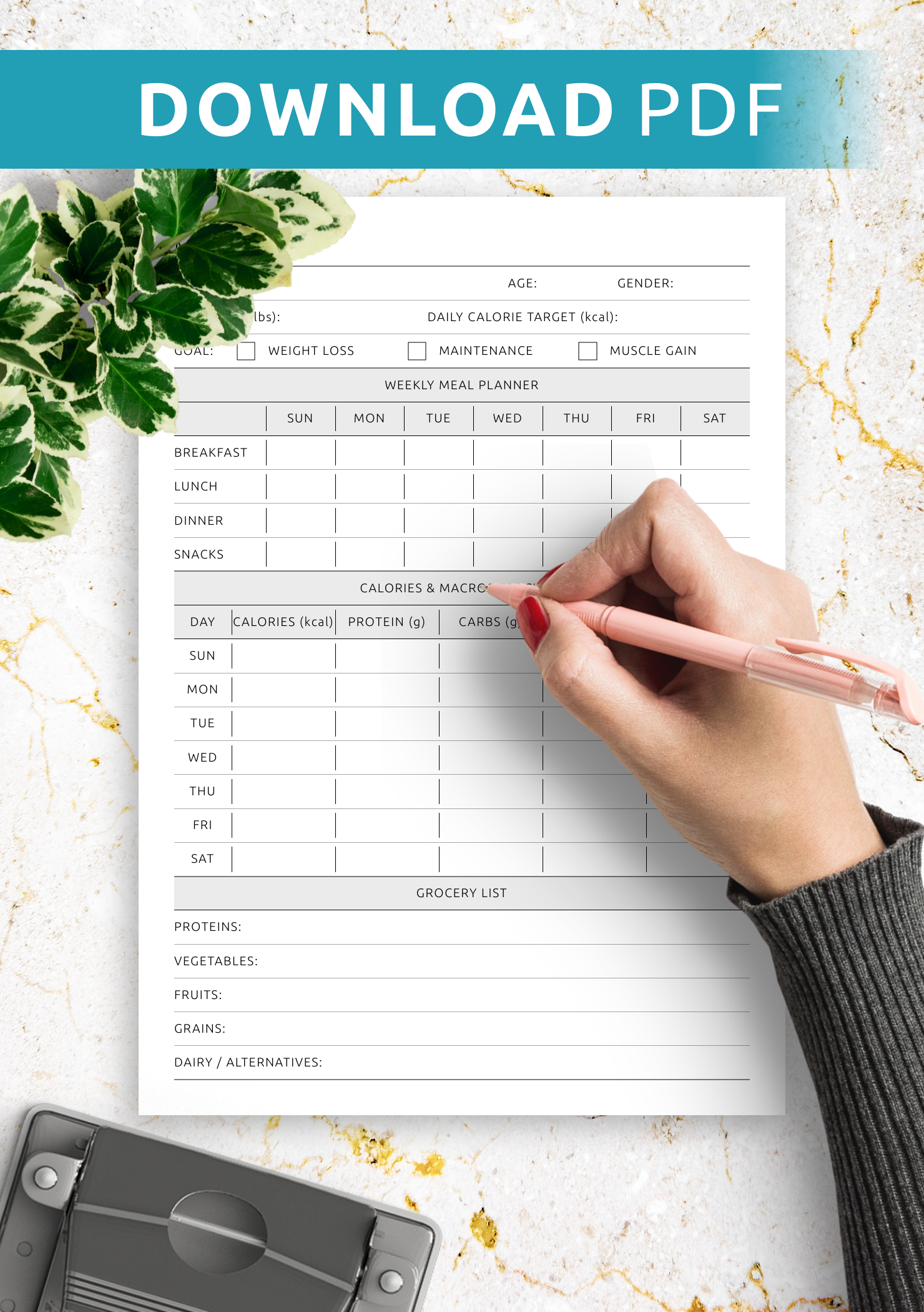 Get a Printable or Digital Weekly Meal & Macro Tracking Plan PDF