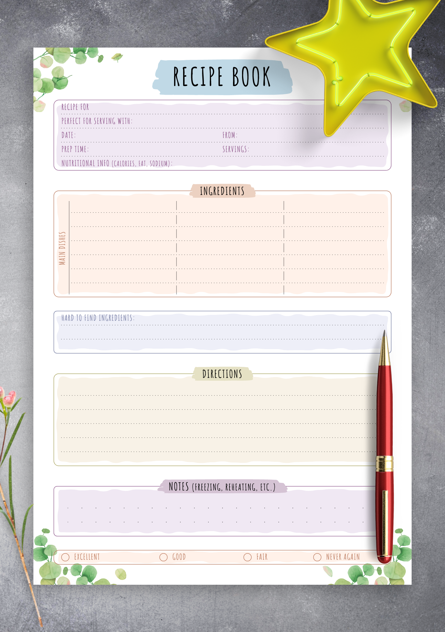 Download Printable Recipe Book Template Floral Style PDF