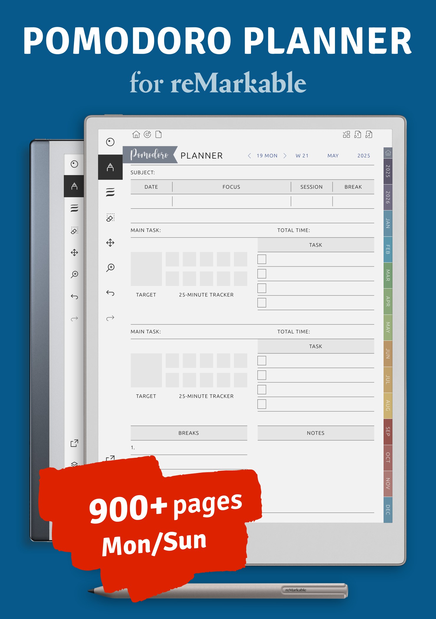 Download 2024 2025 ReMarkable Pomodoro Planner Hyperlinked PDF