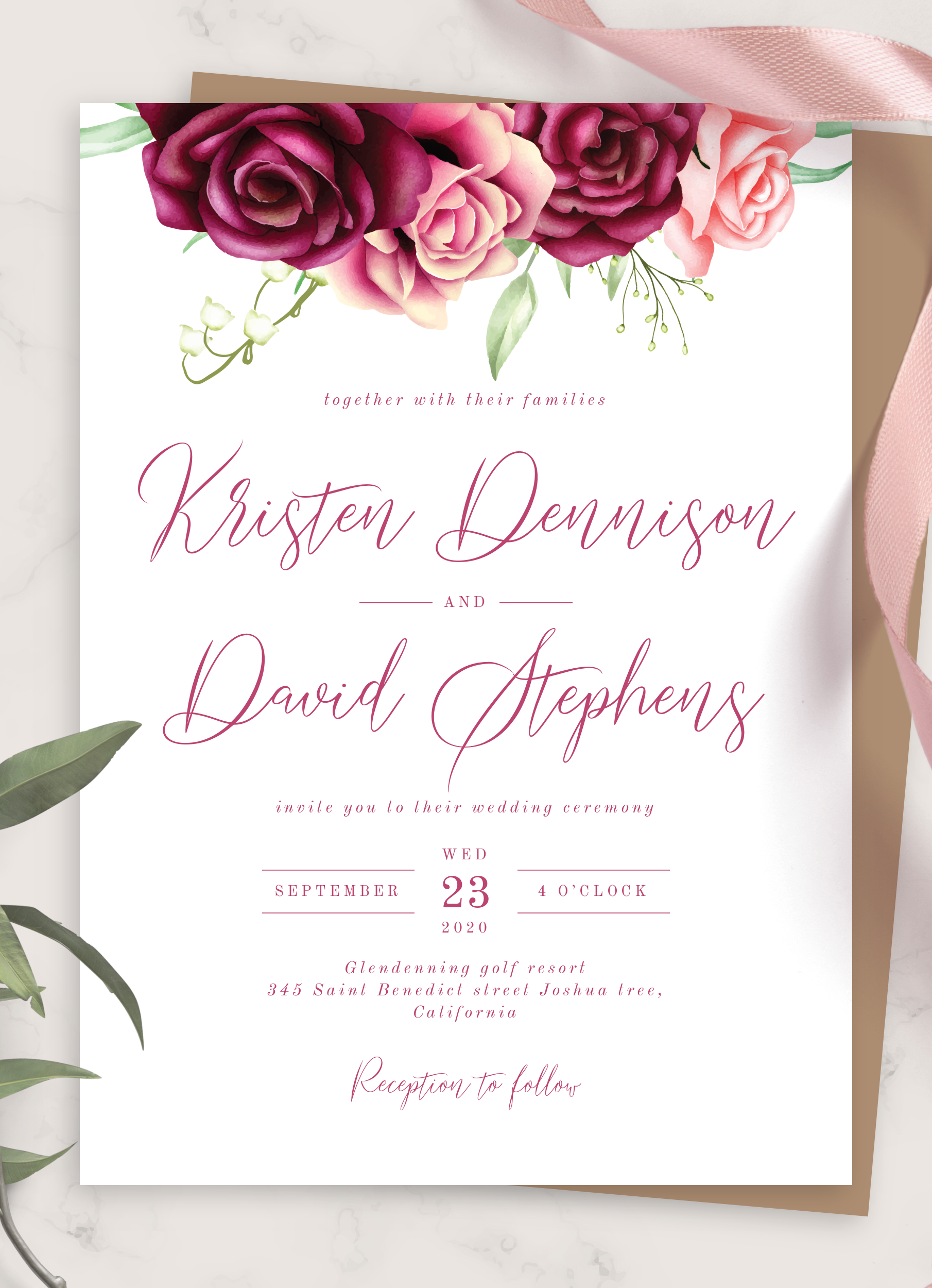 Download Printable Rose Bouquet Burgundy Wedding Invitation PDF