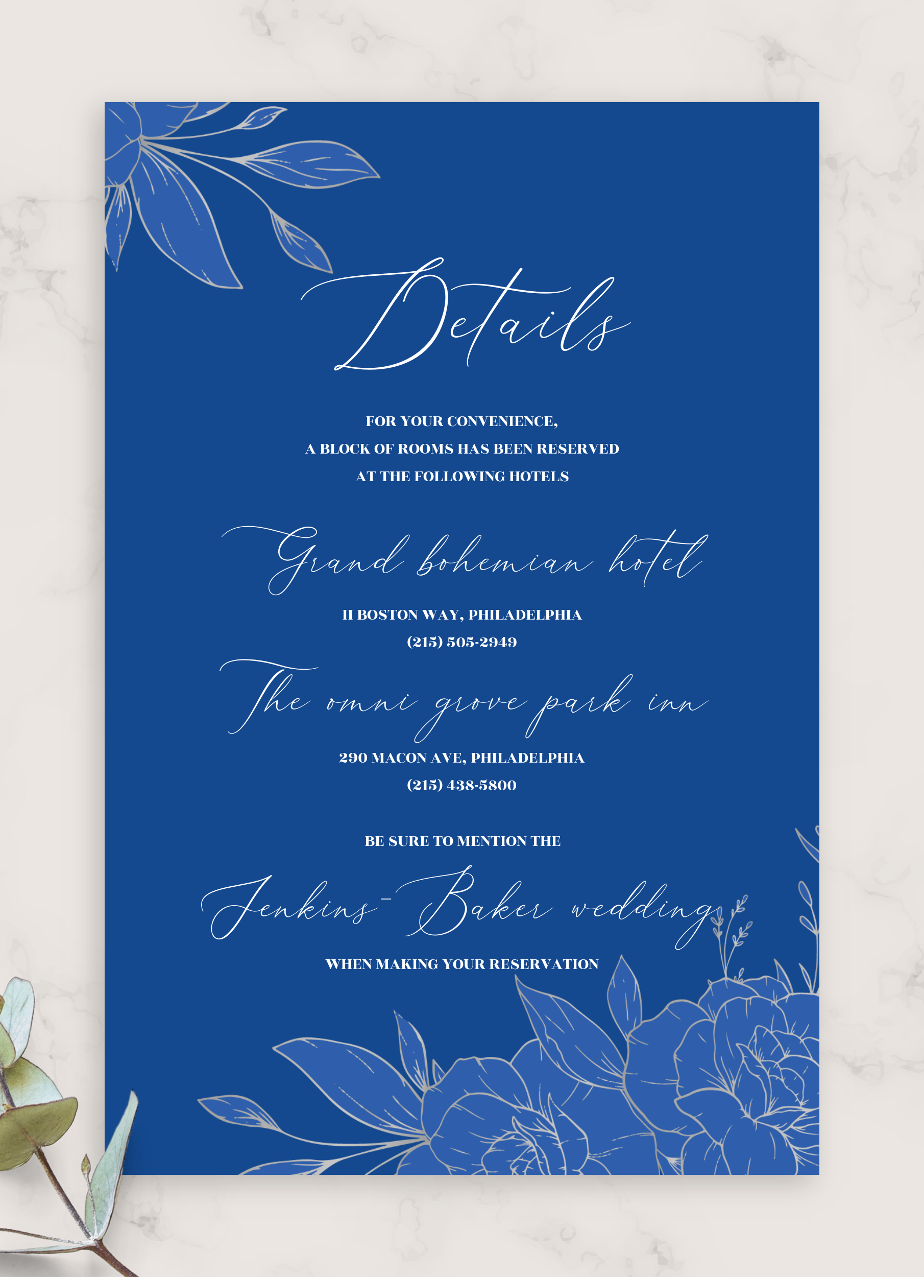 Download Printable Royal Blue and Silver Wedding Details Card PDF