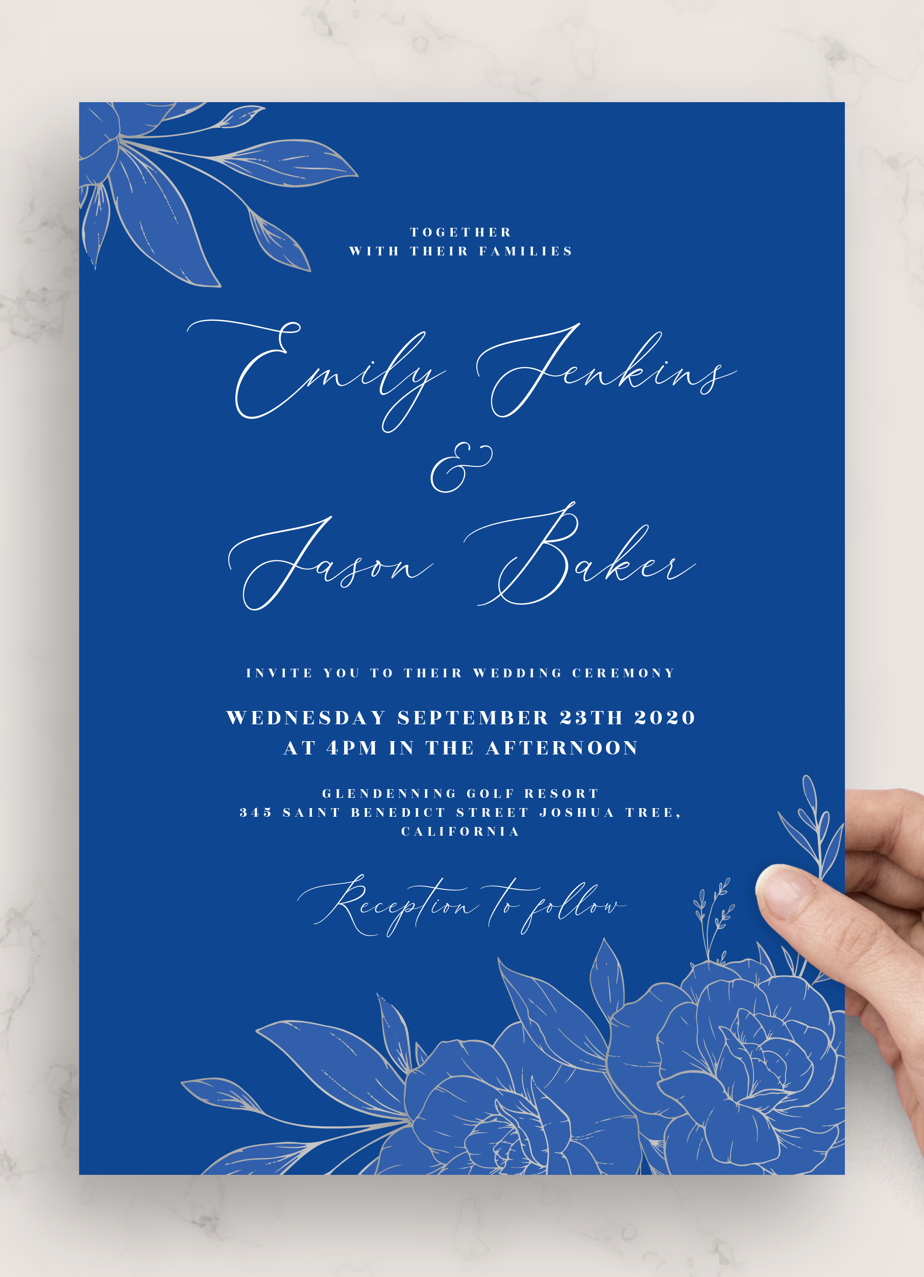 Download Printable Royal Blue And Silver Wedding Invitation Suite PDF