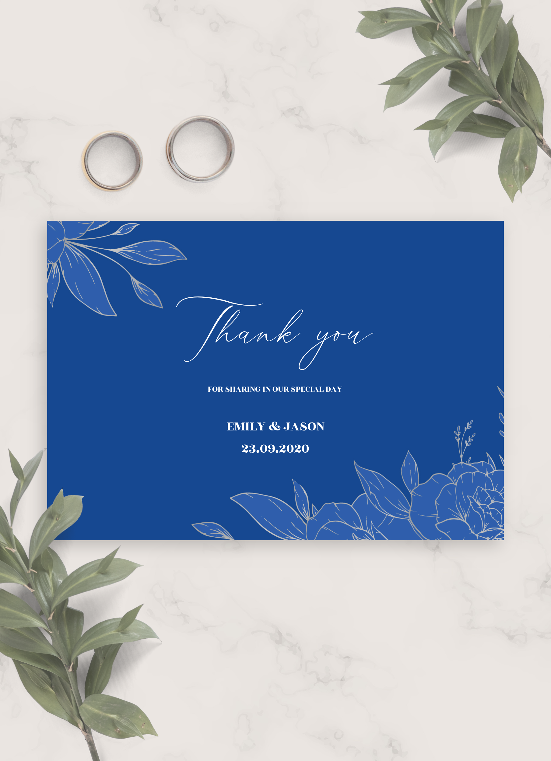 Download Printable Royal Blue and Silver Wedding Thank You Card PDF