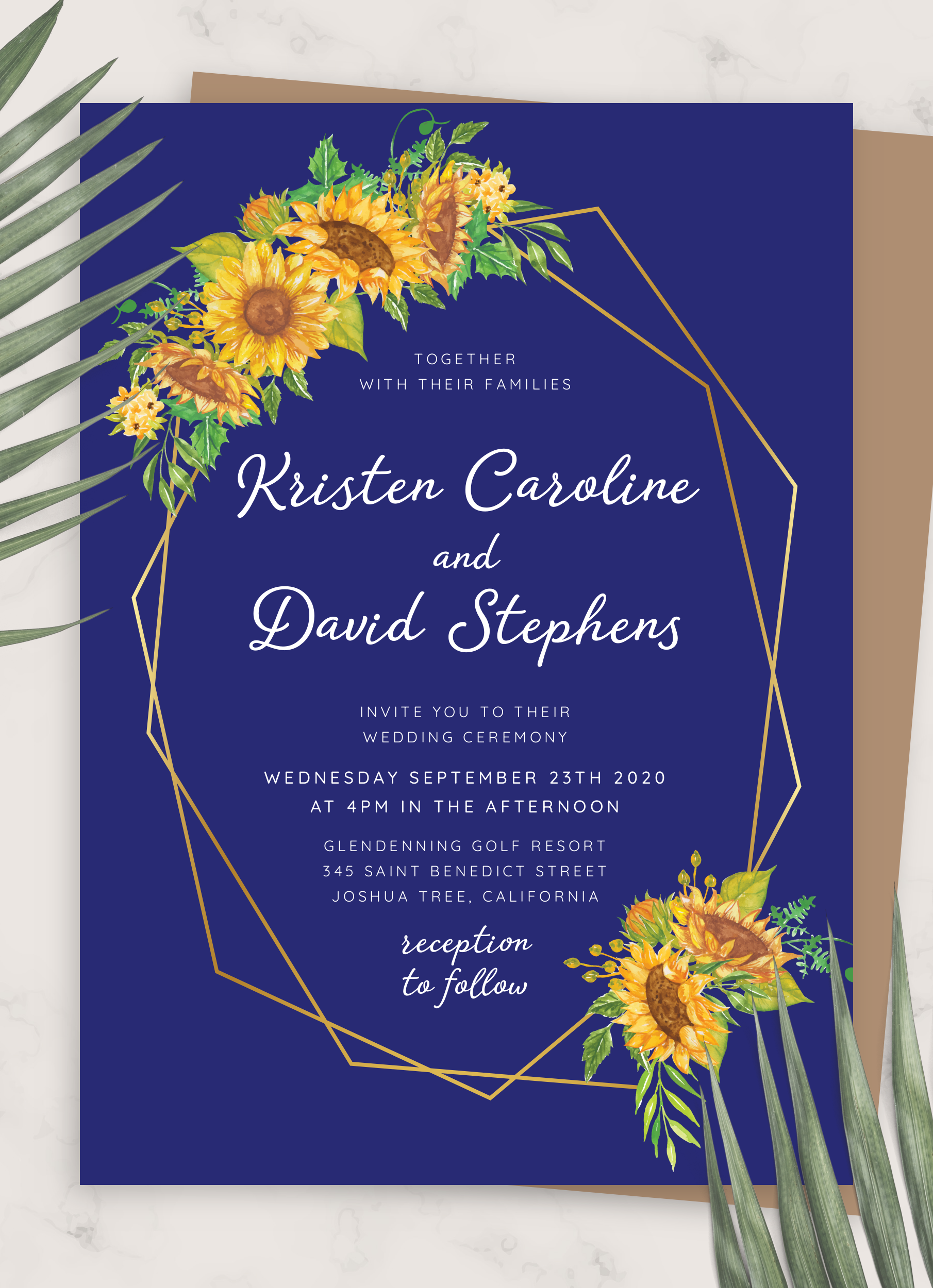Download Printable Royal Blue Sunflower Wedding Invitation PDF