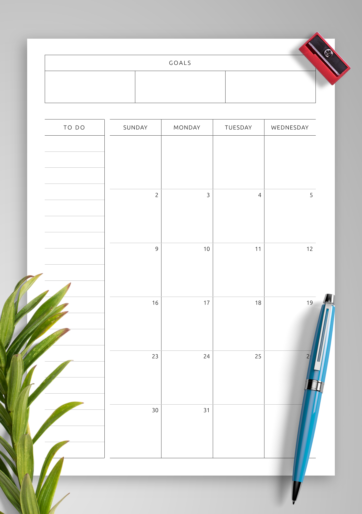 Download Printable Simple Monthly Calendar with Notes, To-Do, Goals ...