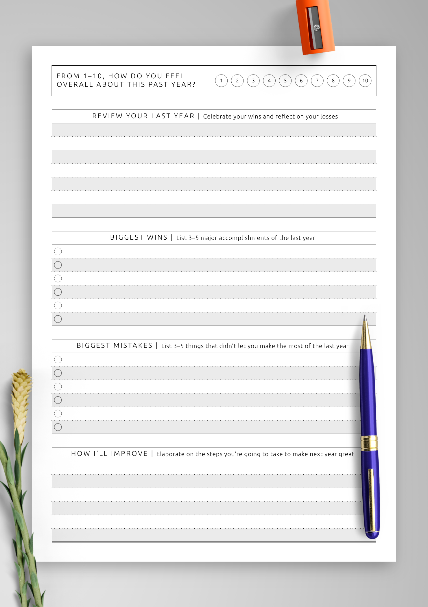 Download Printable Simple Yearly Goal Review Template PDF