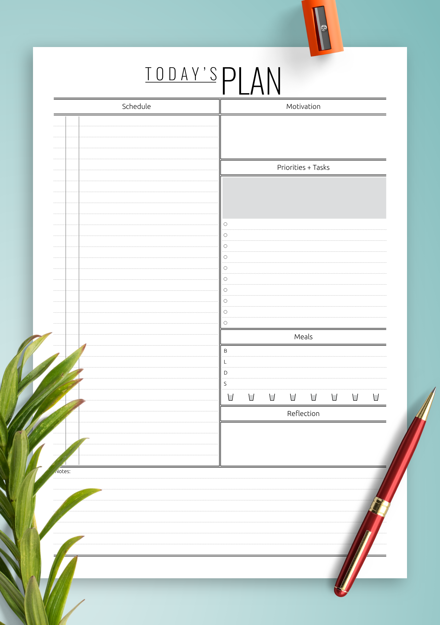 Download Printable Today's Plan template with hourly schedule PDF