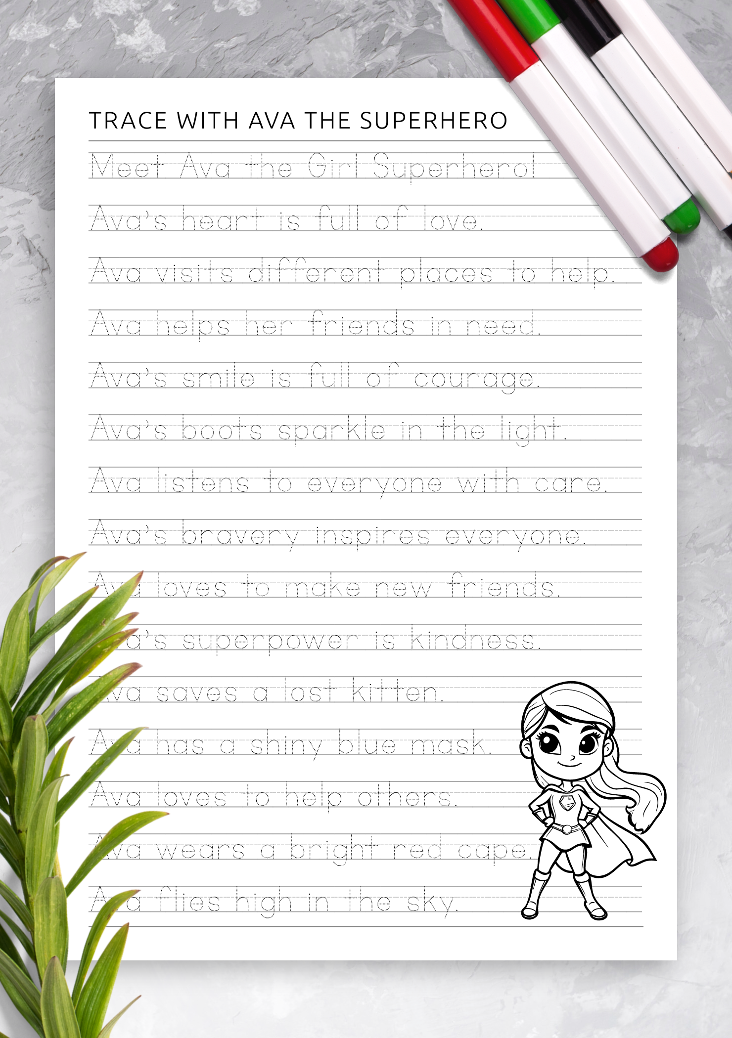 Download Trace & Write with Ava the Superhero Printable PDF