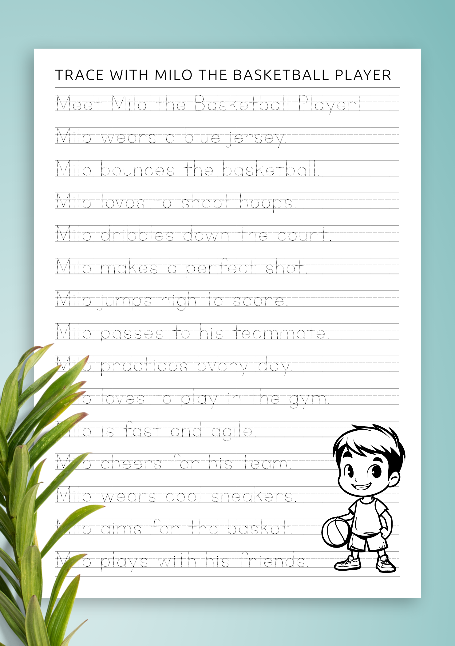 Download Trace & Write with Milo the Basketball Player Printable PDF