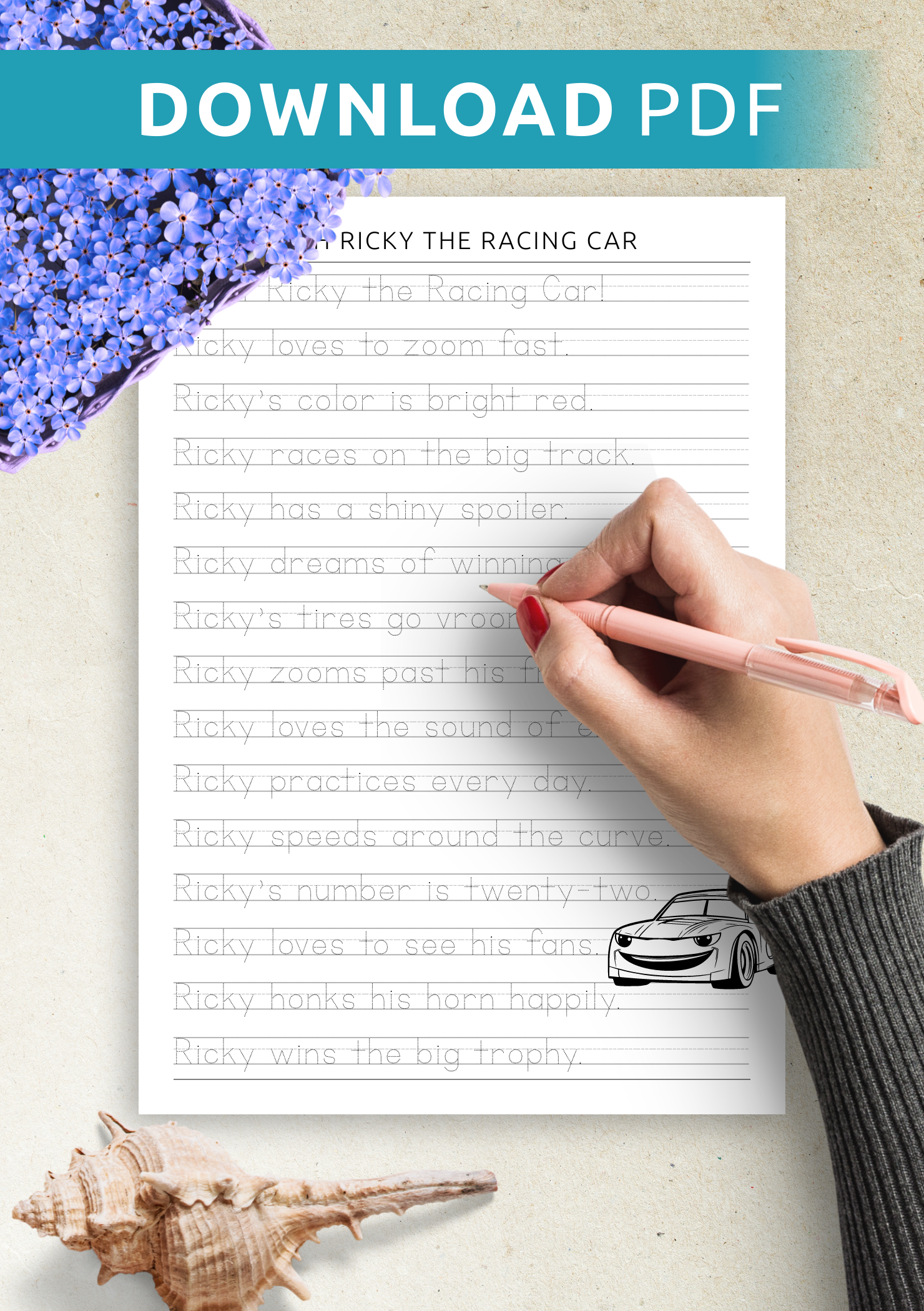 Download Trace & Write with Ricky the Racing Car Printable PDF