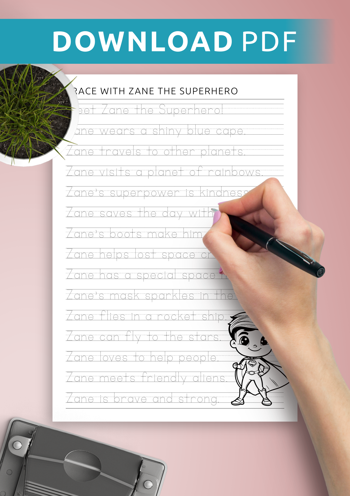 Download Trace & Write with Zane the Superhero Printable PDF