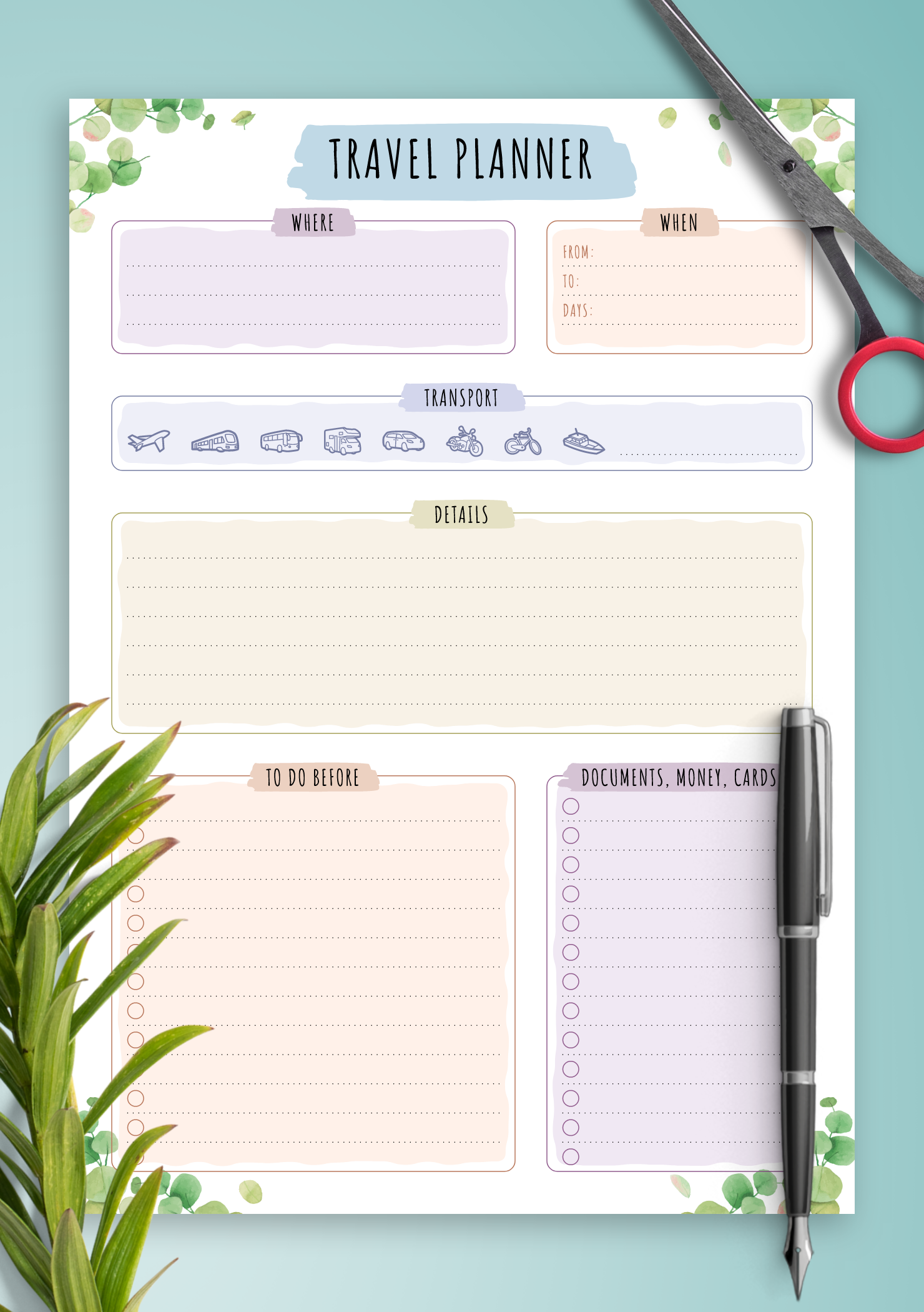 Download Printable Travel Planner Template Floral Style PDF
