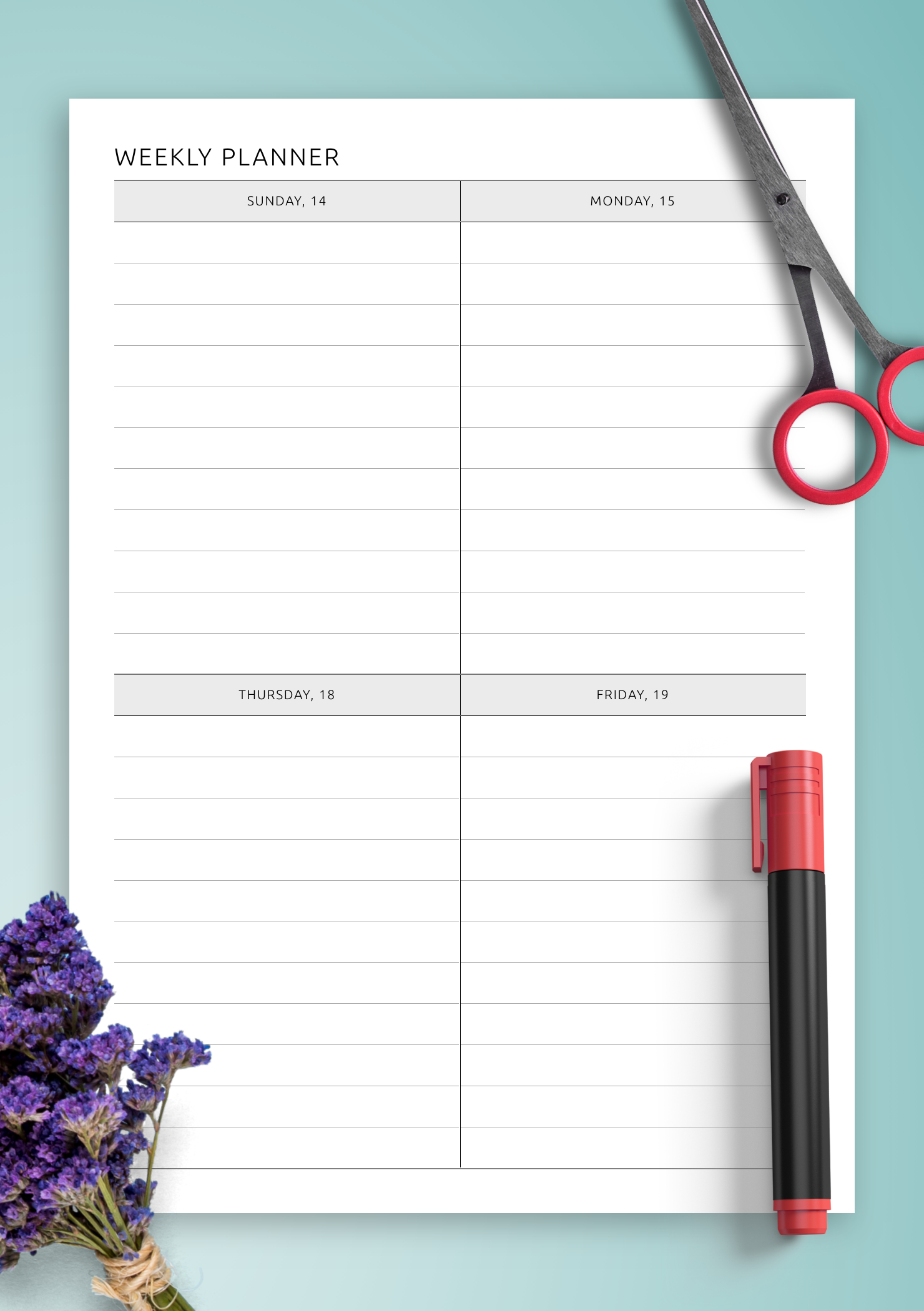 2 Weekly Timetable Download Printable or Digital Two-Page Weekly All Days Equal Size PDF