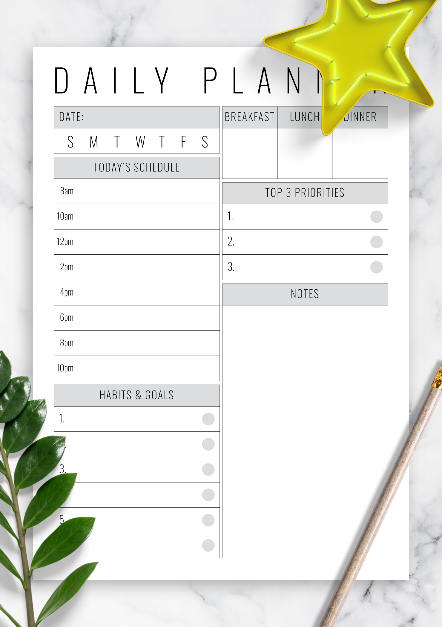 Download Printable Undated daily planner with big section for notes PDF