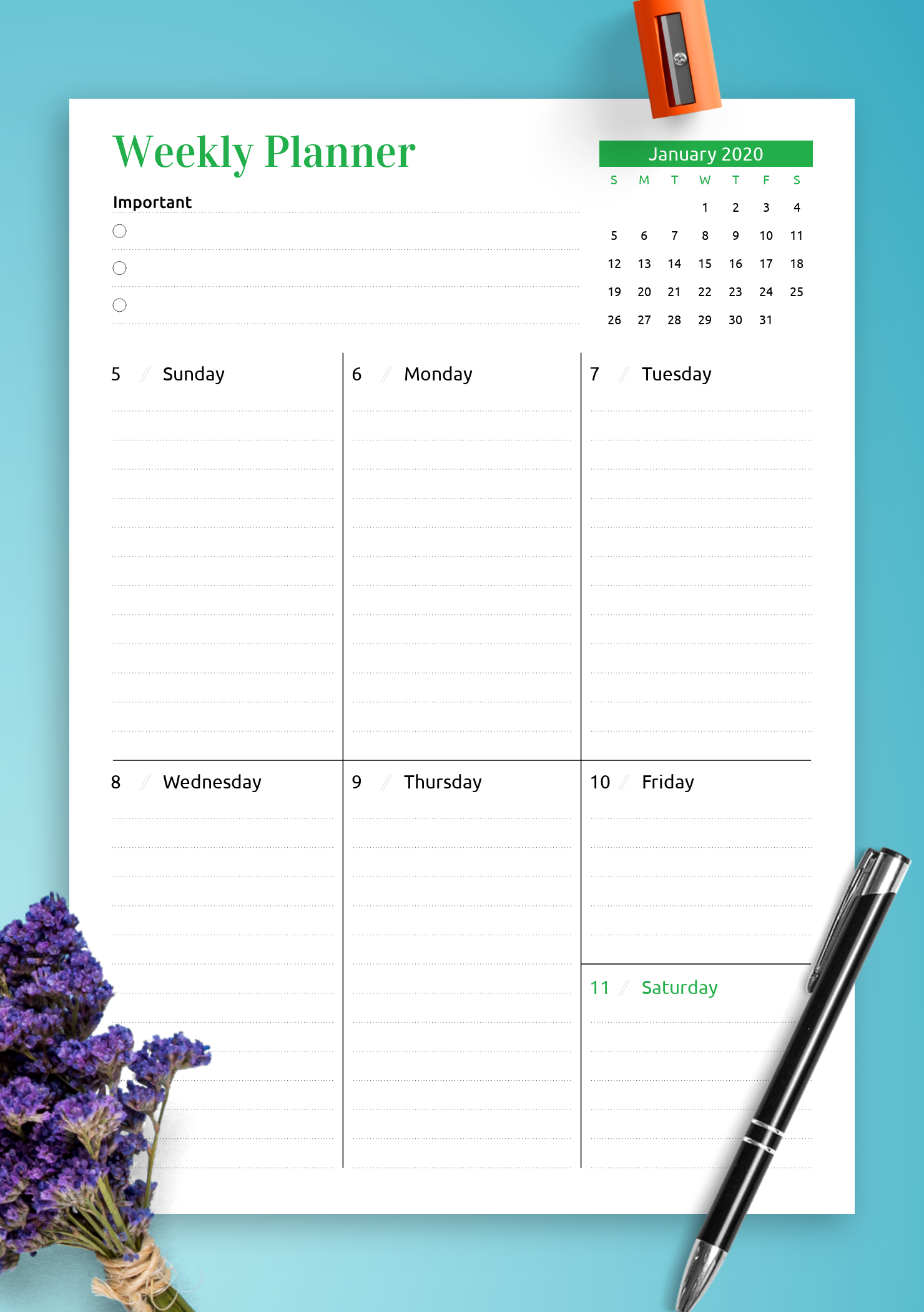 Download Printable Week at a Glance planner with calendar PDF