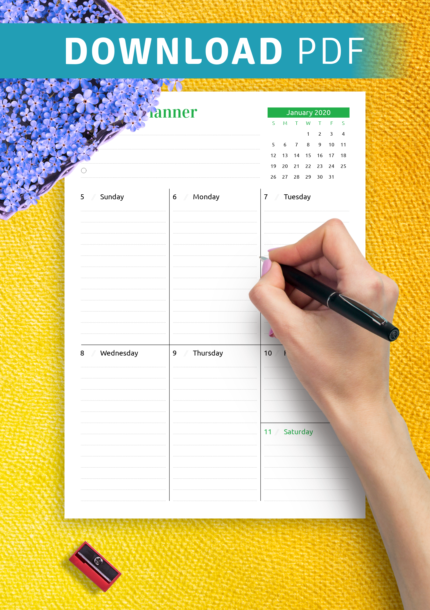 Download Printable Week at a Glance planner with calendar PDF