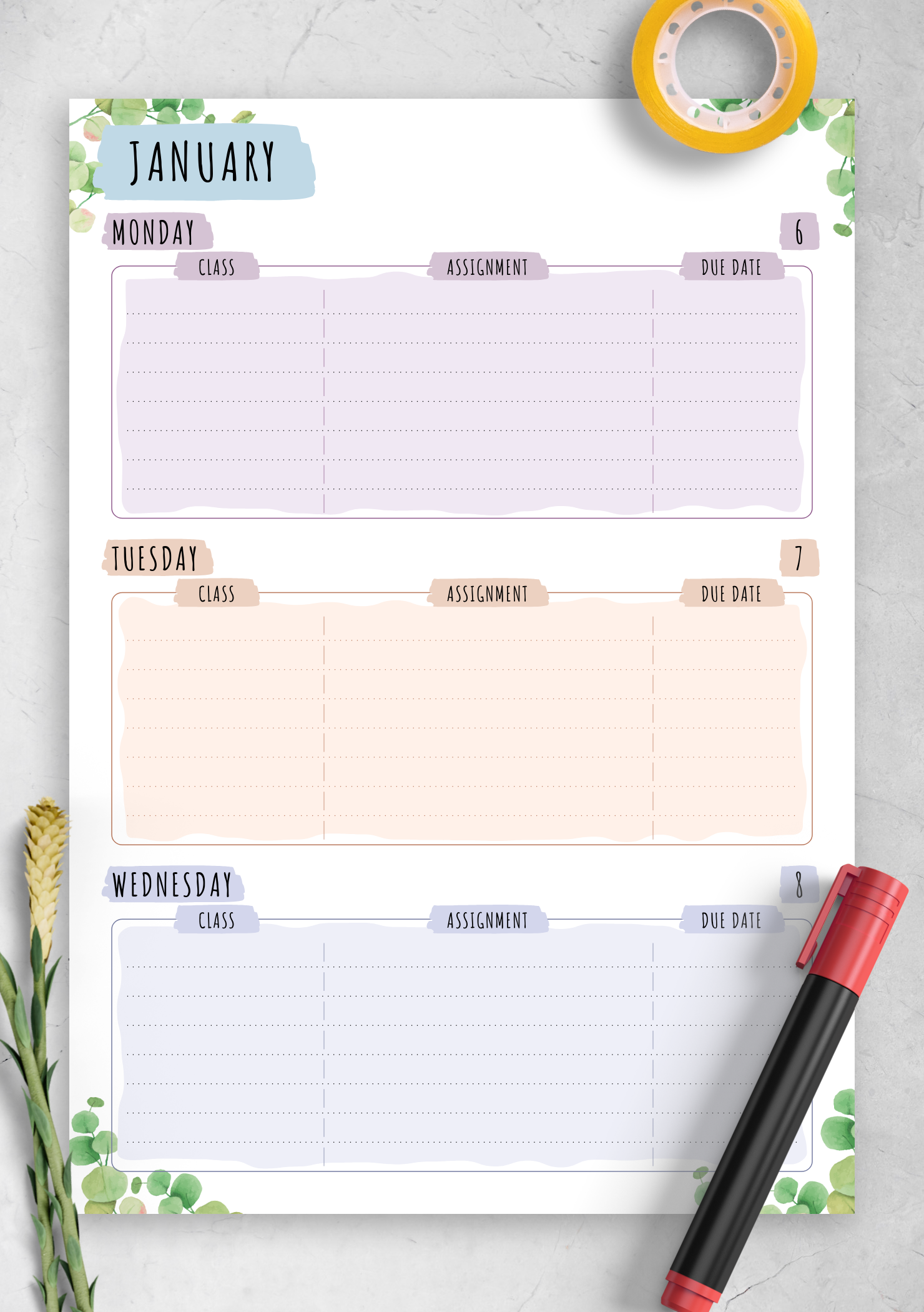 download printable week schedule floral style pdf