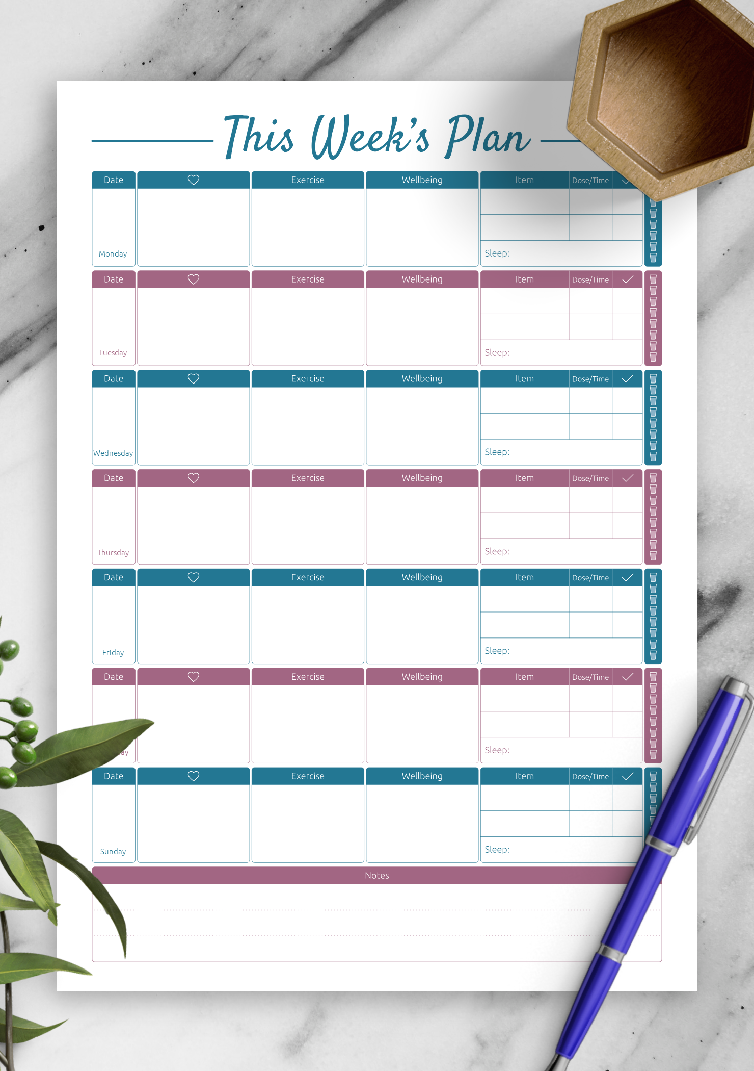 Download Printable Weekly fitness and meal template PDF