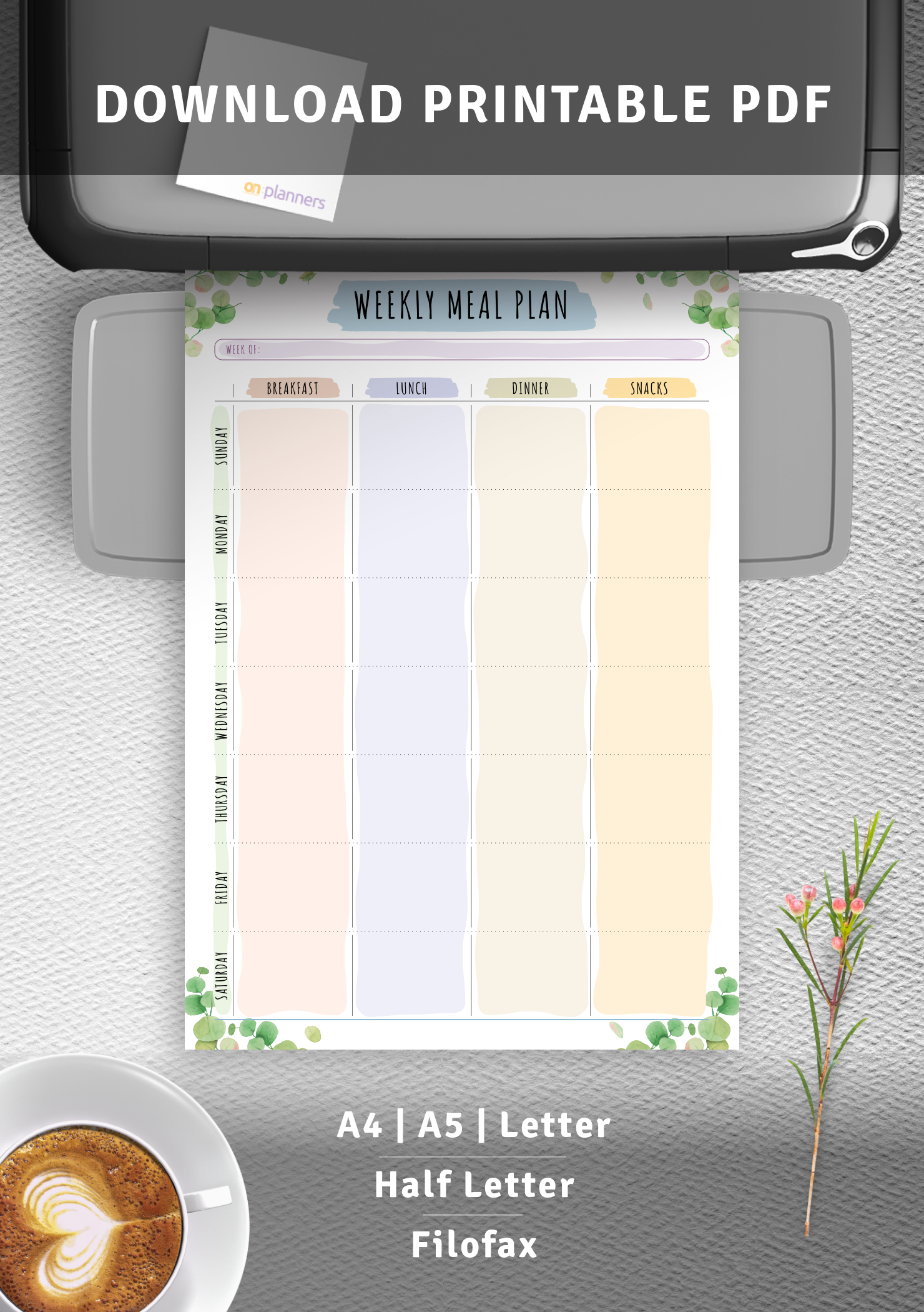 download printable weekly meal plan floral style pdf