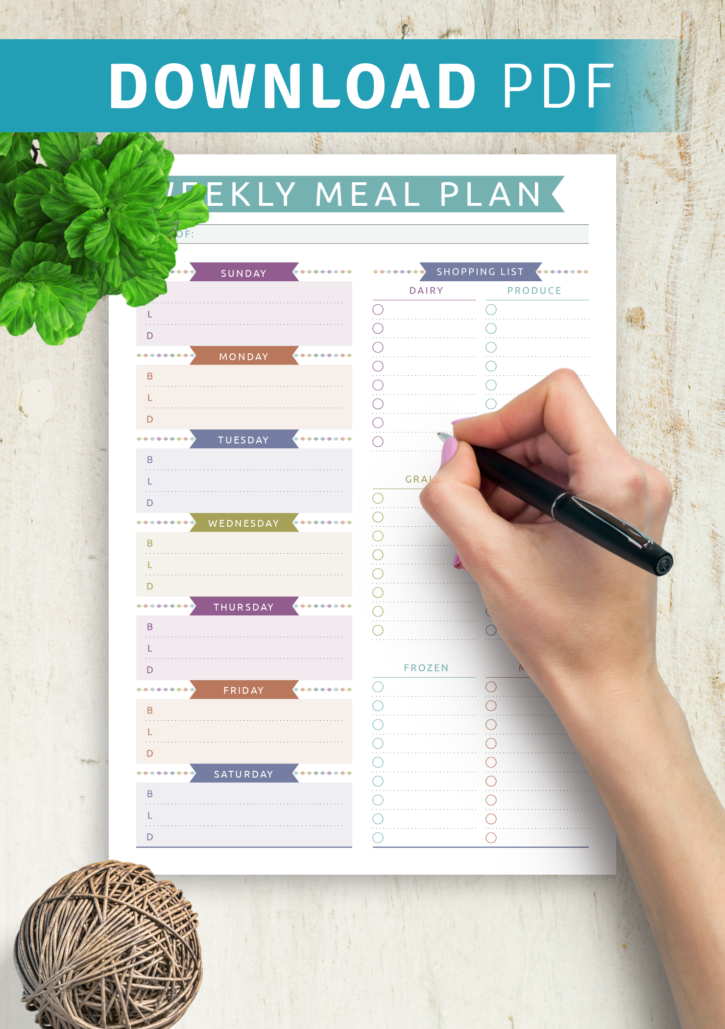 Download Printable Weekly Meal Plan with Shopping List - Casual Style PDF